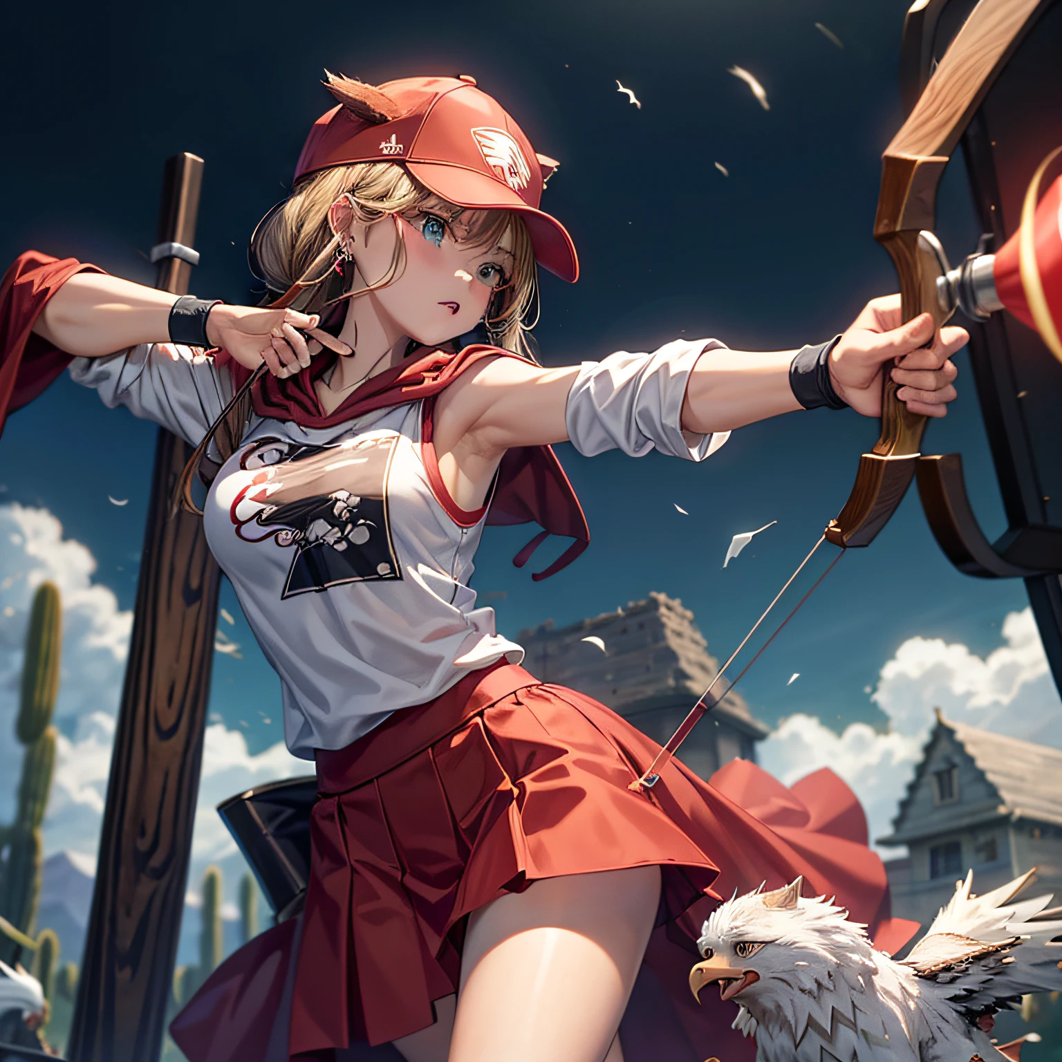 ((The word Eagles)),Solo,((archery)), Bow, account,((account)),masutepiece, Best Quality, 8K,A desert,(deep in the night), Bow \(arma\), arrow (projectile), Drawing a bow, holding weapon, Holding a bow (arma),Cute Girl, Holding,(( no sleeves)),((Red Sleeveless Baseball Uniform)),((A desert))、Soft lighting, ((Wearing a red cloak))、((Red Baseball Cap))、((Cat's ears)),aqua eyes, Glaring eyes、blondehair, earrings ,1 Hoop Piercing Shorthair, Upper Body Up、(Anime, tone mapped:1.2),Black eyes,、 closes mouth, hoop earrings, Jewelry, Looking at Viewer, Upper body, (symmetric), (exceptional, Best aesthetic, new, newest, Extremely detailed:1.2), Best Quality, masutepiece,Upper Body Up,
