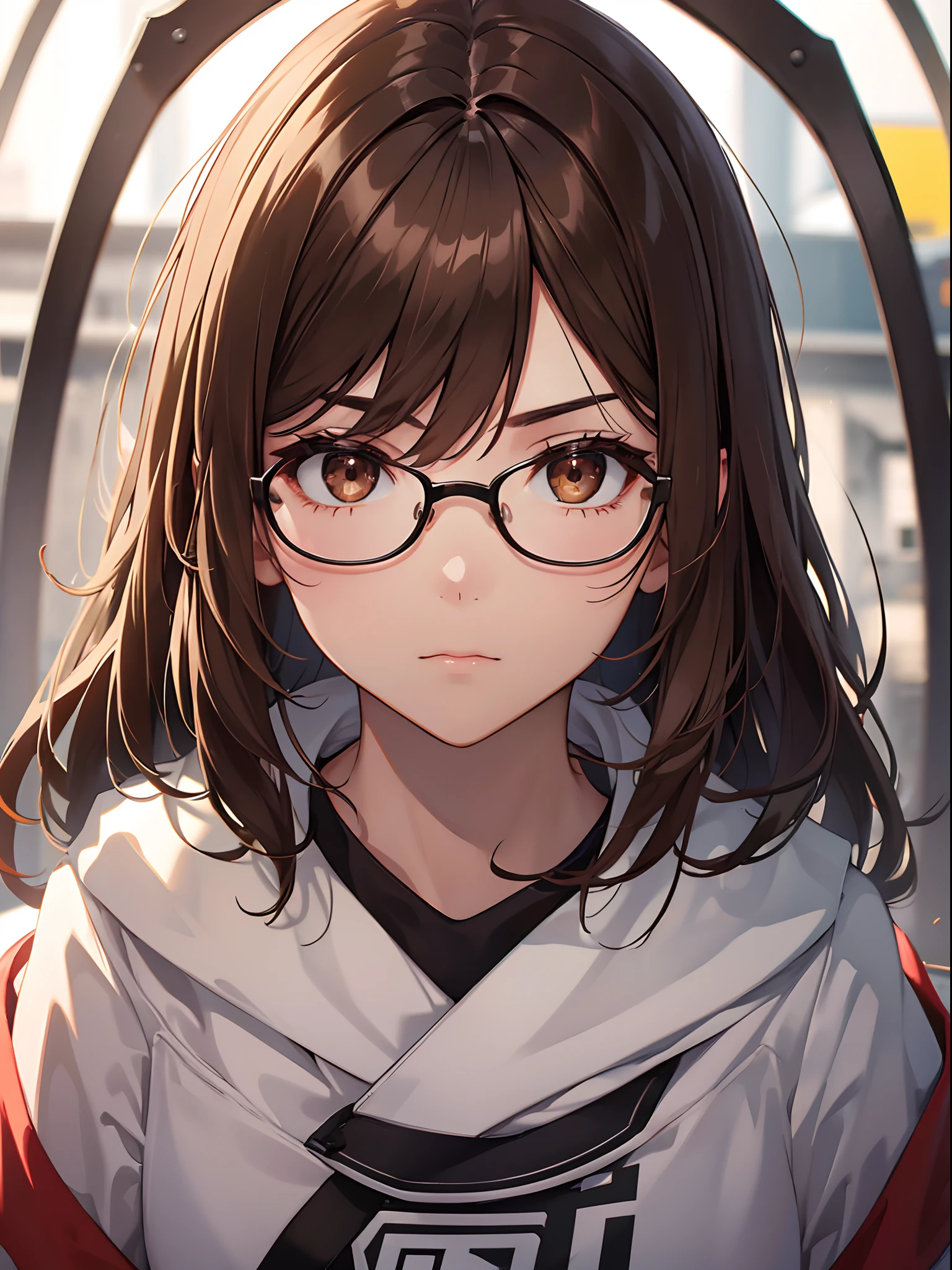 1 female、brown haired(Curta)、Brown eyes、Black-rimmed glasses、Best Quality、ultra-detailliert、8K resolution、Raw photo、masutepiece、gorgeous faces、Perfect body、serious facial expression、basketball