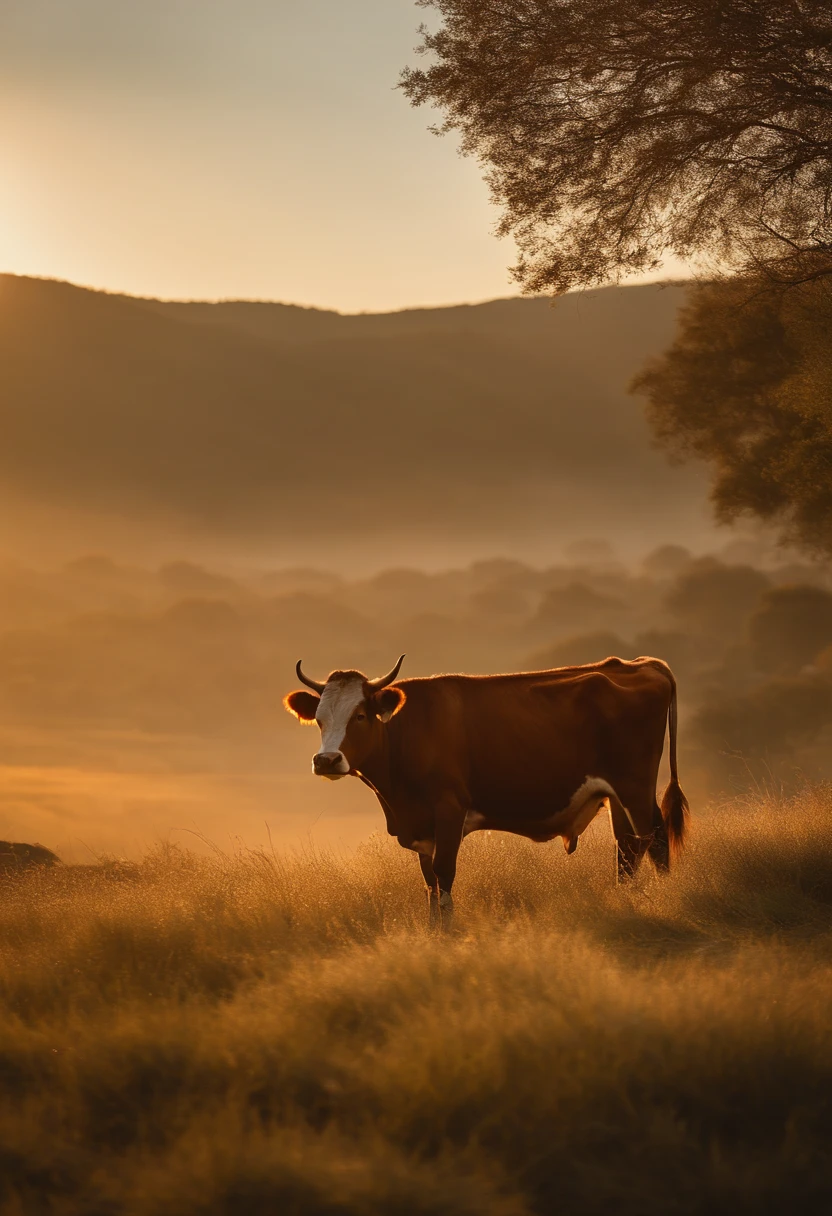 (a stunning shot),lone cow, detailed fur, short horns, peaceful gaze, breathtaking landscape, subtle colors, natural lighting, high-resolution, captured moment, National Geographic style, cow's silhouette, golden hour, serene atmosphere, picturesque scenery