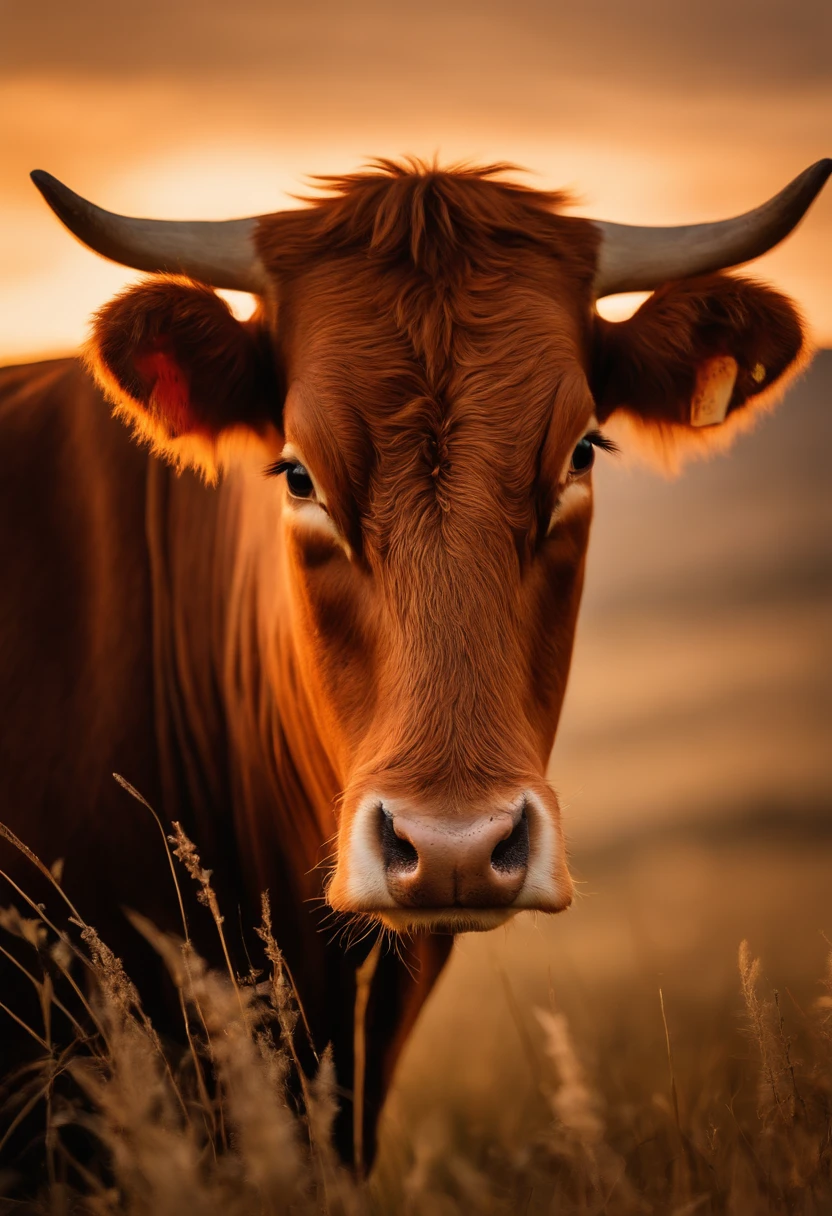 (a stunning shot),lone cow, detailed fur, short horns, peaceful gaze, breathtaking landscape, subtle colors, natural lighting, high-resolution, captured moment, National Geographic style, cow's silhouette, golden hour, serene atmosphere, picturesque scenery