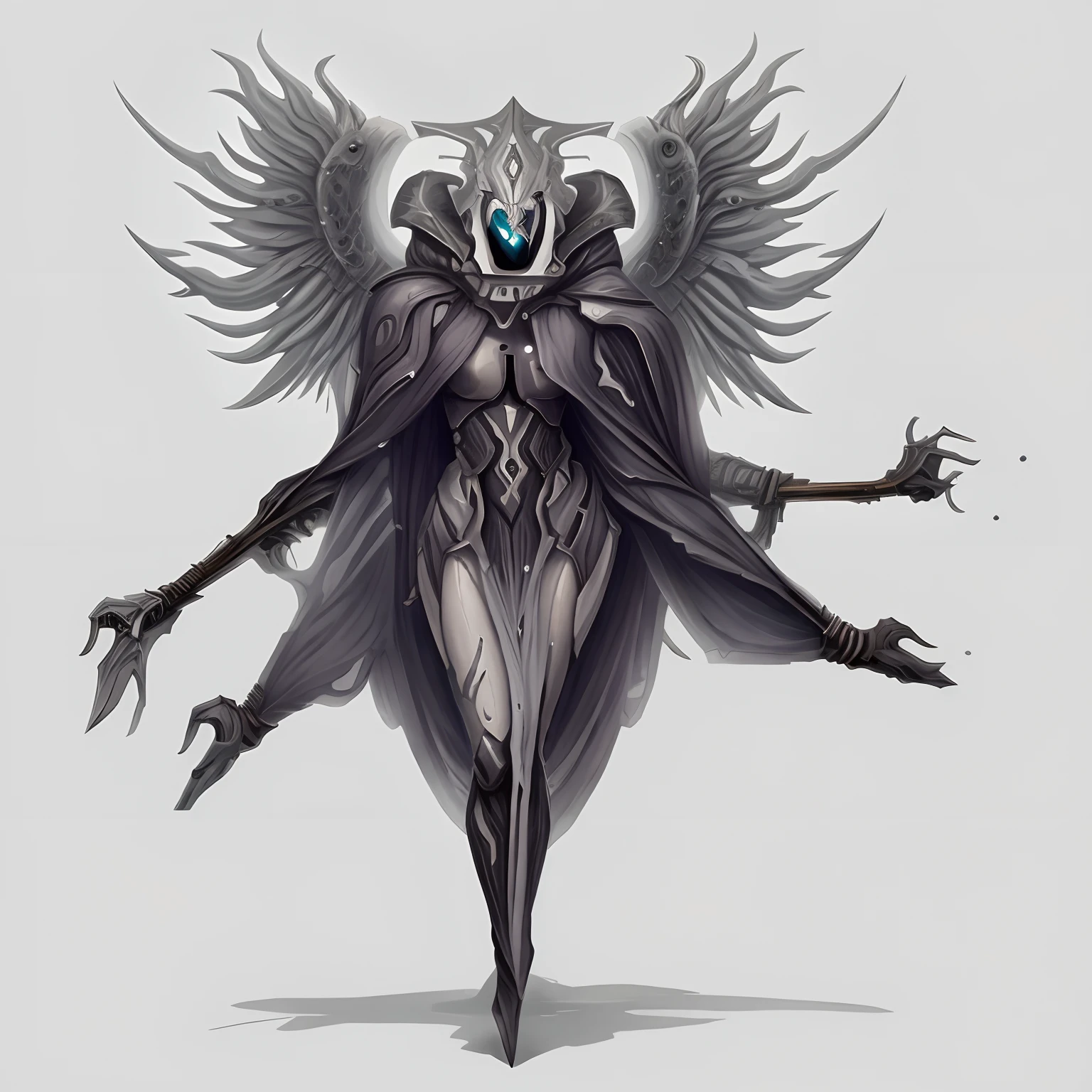 um desenho preto e branco de uma mulher com uma capa e uma espada, Arte conceitual escura de alto contraste, arte conceitual demon soul, symmetric concept art, Ceifador de Overwatch, O Ceifador como um Assustador, rsrs, arte infestada de warframe, Rei do Ceifador do Tempo, arte conceitual sombria, arte hiper conceito, conceito de corpo inteiro, arte conceitual arcana