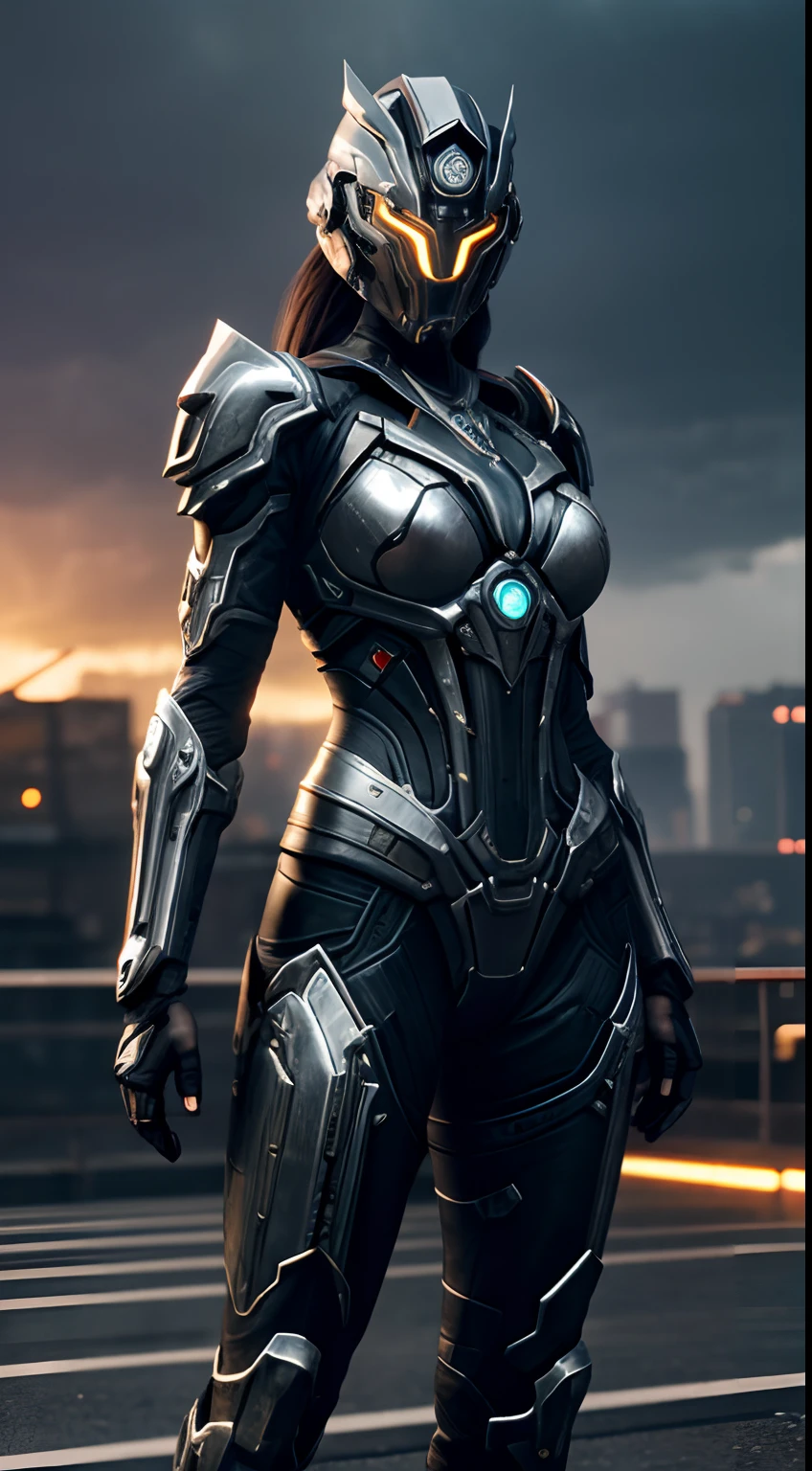 beautiful cyborg warrior woman in RustMagic style, WARFRAME, chrome, Implants, intricate pattern, Heavy metal, energy lines, Faceless, glowing eyes, elegant, Powerful, K and black uniform, 独奏, contemporary, City, streets, Dark clouds, thunder-storm, heavy rain, dramatic  lighting, (Masterpiece:1.2), Best Quality, High Resolution, Beautiful detailed, Extremely detailed, perfect  lighting, fine details, The smallest details.