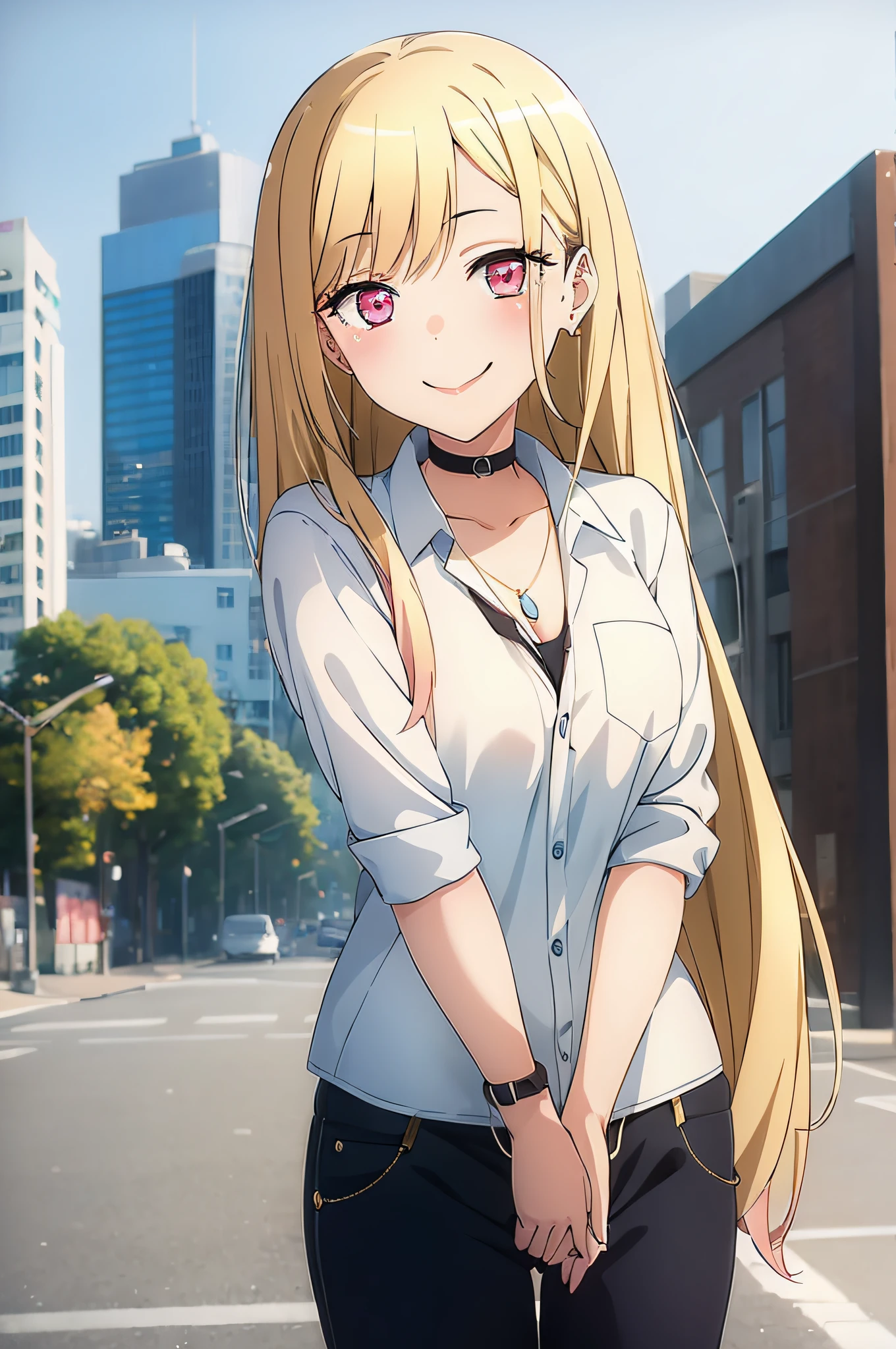 1 girl, cute, hot, smile, blushed, perfect eyes, expressive eyes, dynamic pose, city background, cityscape, simple background, highres, 8k, masretpiece, better quality