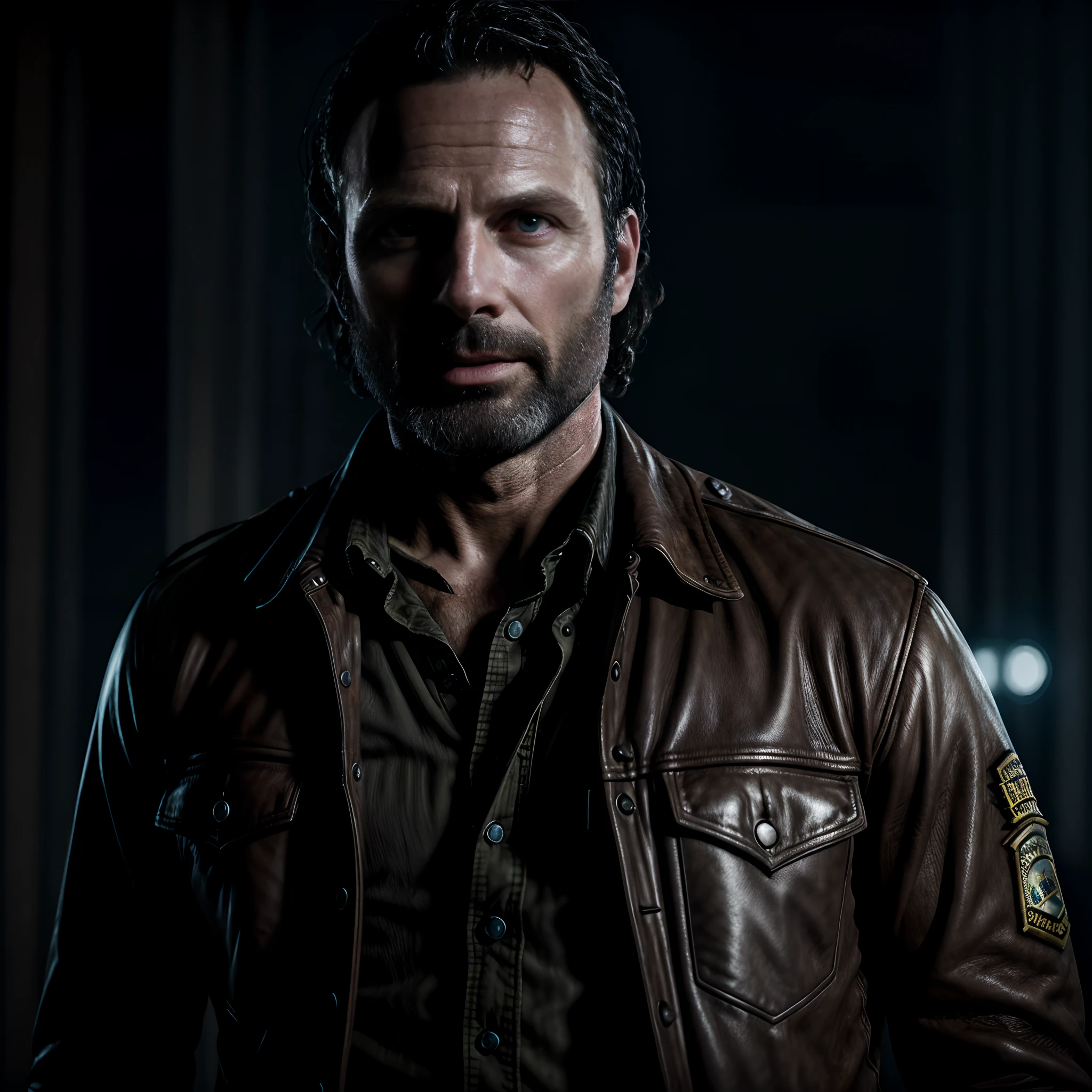 Amazingly Sheriff, 36 year old man, Rick Grimes, dark arts, The Walking Dead, full-length portrait, sharp lens, professional photography, 70mm, Color, highly detailed, 8k, soft light, detailed matte painting, deep colors , intricate details, splash screen fantasy concept art, trending in Artstation Unreal Engine 5