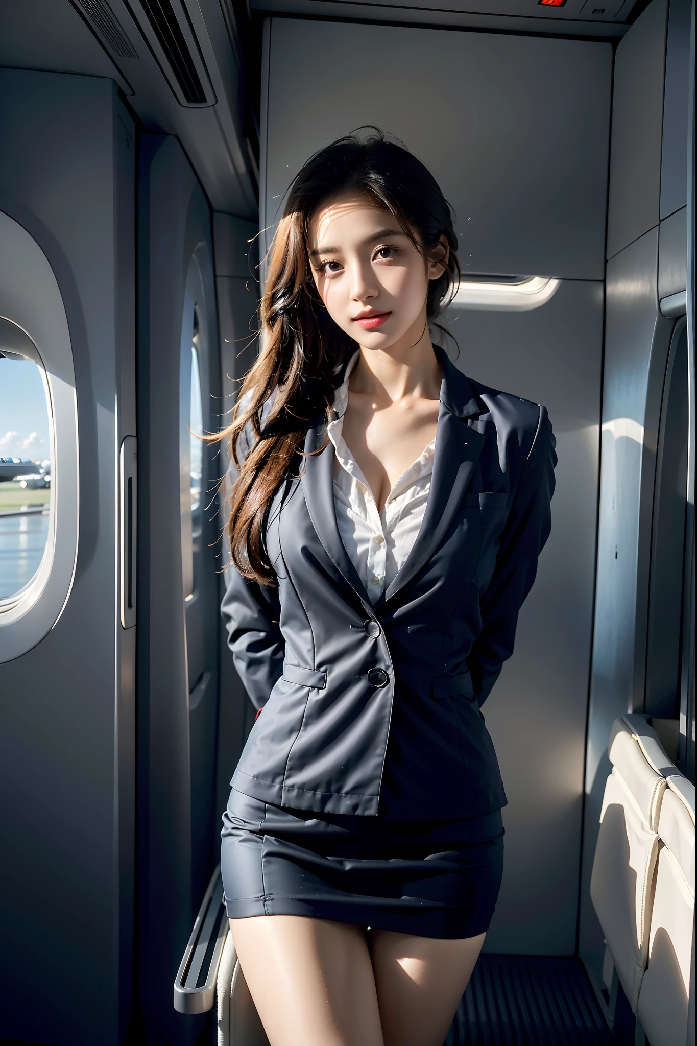 best quality, masterpiece, 8k, ultra high res, (photorealistic:1.4), highly detailed, intricate detail, delicate and beautiful, good lighting, professional lighting, sharp focus, detailed shadows, exquisite details and textures, depth of field, unity 8k wallpaper, cinematic composition, cinematic lighting, official art, Cabin Crew, flight attendant, black pantyhose, (aircraft, (Aircraft Corridor), Aircraft seats) beautiful elegant face, detailed face, detailed eyes, realistic hair, long hair, (1girl), (standing:1.3),