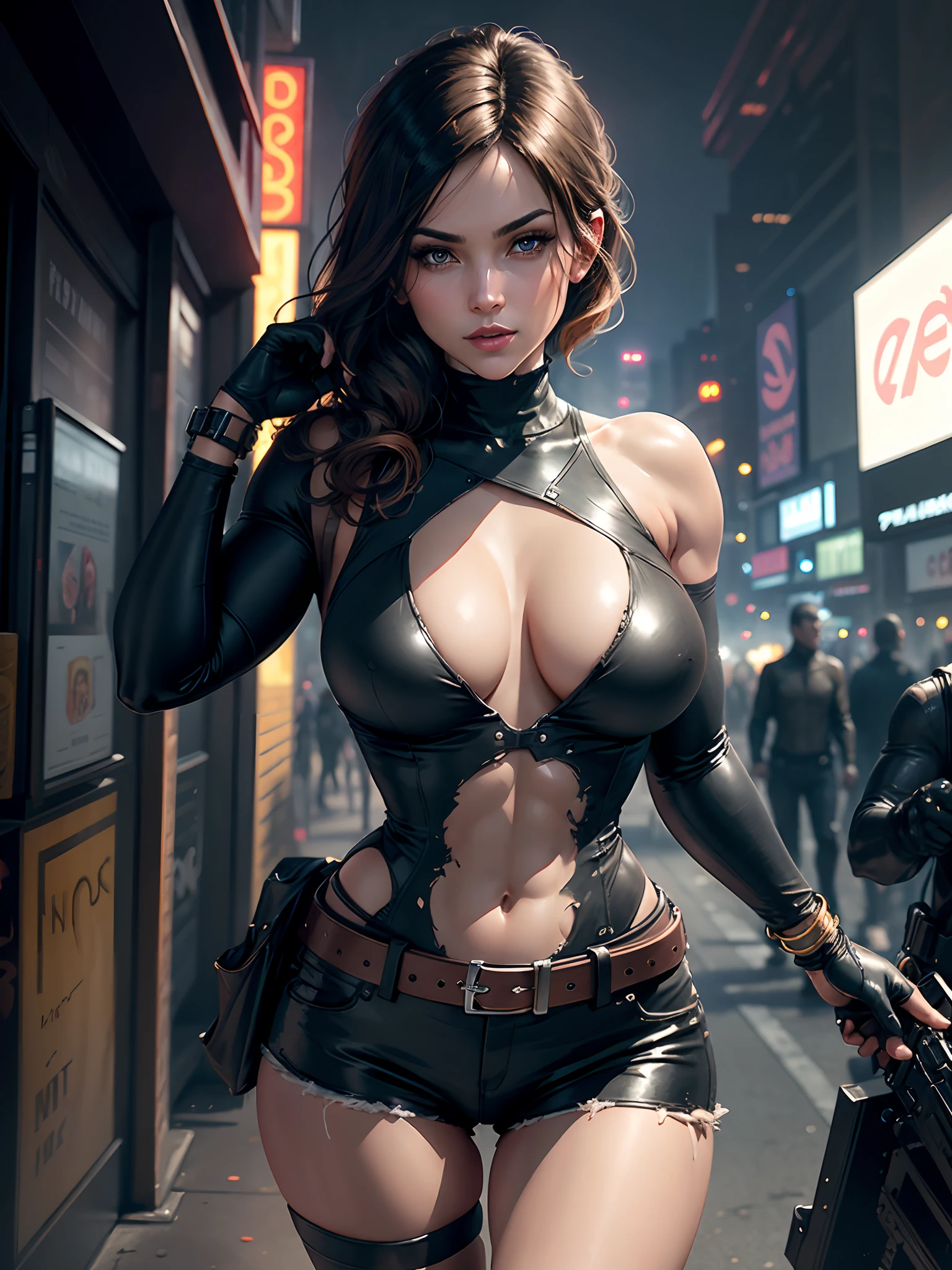(New York: 1.3), (time square), (master piece,
best quality: 1.2)(zombies in the background: 1.2), Alice resident evil, 1 girl only,
long hair, breasts, smile, big breasts, brown hair,
blue eyes, vest, big hair, blond hair,
light hair, parted lips, clothing,
Two-tone hair, open jacket, lined lips,
Black bodysuit, covered navel, makeup,
muscular, headband, abs, tight skin,
tight black clothes, muscular female, dyed bangs,
black bodysuit, full bodysuit, leather shorts and belt, gun,
Looking at the Viewer, (average boobs: 1.3),
(breasts hanging: 1.3), (breasts full: 1.3),
(realism: 1.5), (Realisitc: 1.4) , (Absurdity:1.4), 8k,
ultra-detailed, Detailed Beautiful Woman, (only:1.4), 1girl,
(Viewer facing:1.2),