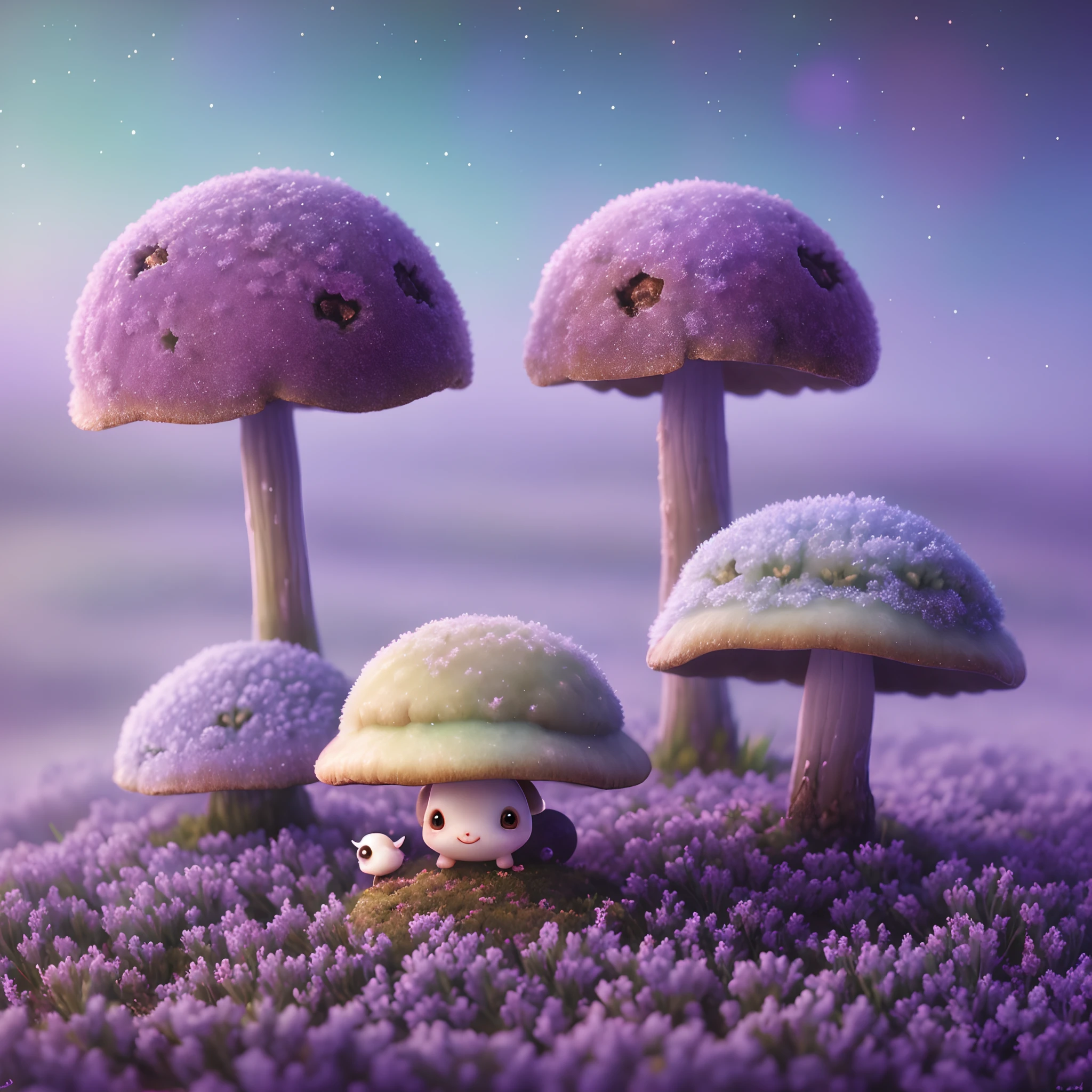 Oil painting of a cosy vintage tiny cute fungi, on a icy planet, in a. lavender haze, octane render by weta digital, exotic colorful pastel, ray traced lighting and reflections by Yoji shinkawa