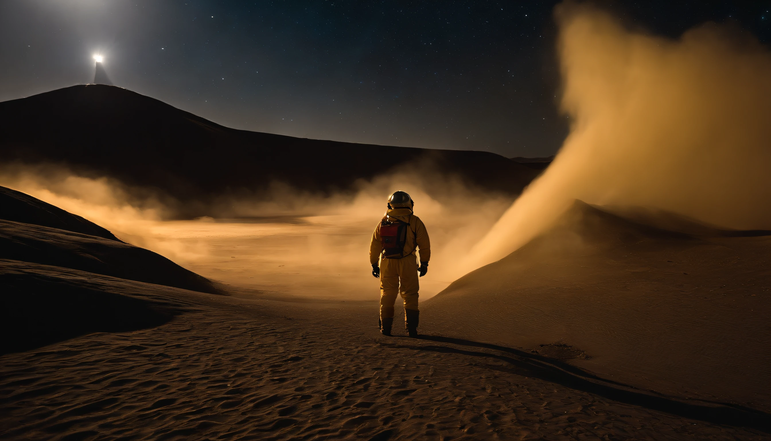 A person stands in the Ulanqab Volcano Geopark，Wearing yellow futuristic technology protective clothing，Facing the lens，Behind is the Gobi landscape，Master parts、Superior quality、Superior image quality、8K quality、Beautiful picture of the starry sky、magnifica、Gobi landscape，arching milkyway