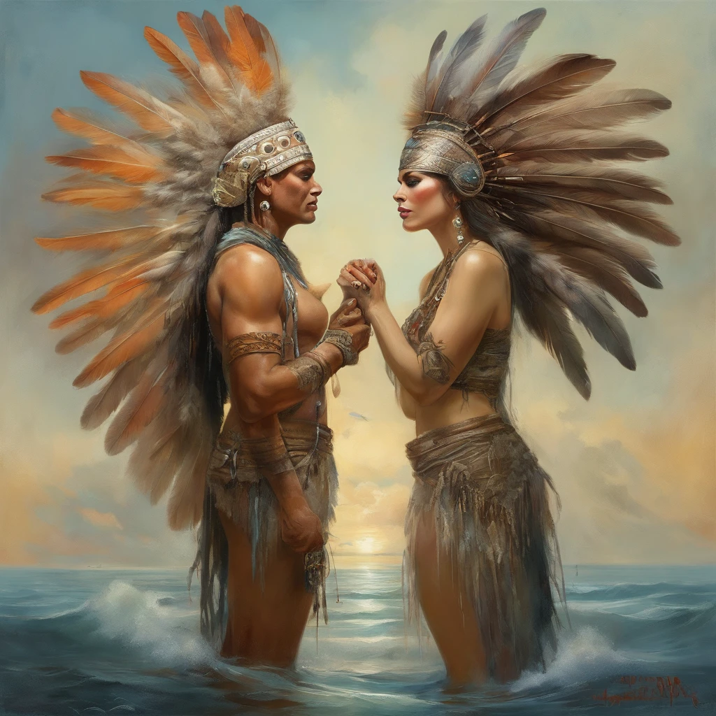 Painting of a woman and a man with a headdress of feathers and feathers on their head, Karol Bak e Peter Mohrbacher, Por Tom Bagshaw e Boris Vallejo, Artgerm Julie Bell Beeple, Boris Vallejo e Tom Bagshaw, urze theurer, Adriano Borda, Tom Bagshaw e Sabbas Apterus, inspirado em Karol Bak