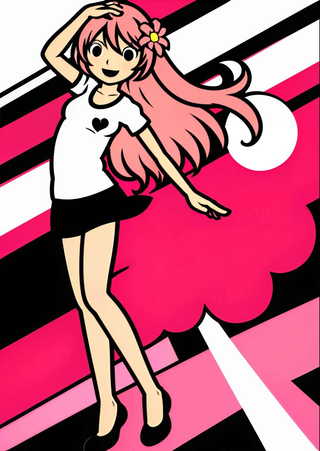 Megurine luka, Rhythm_Heaven, 1girl in, Pink hair, Long hair, holding microphone, Dancing, Hair Flower, Short sleeves,