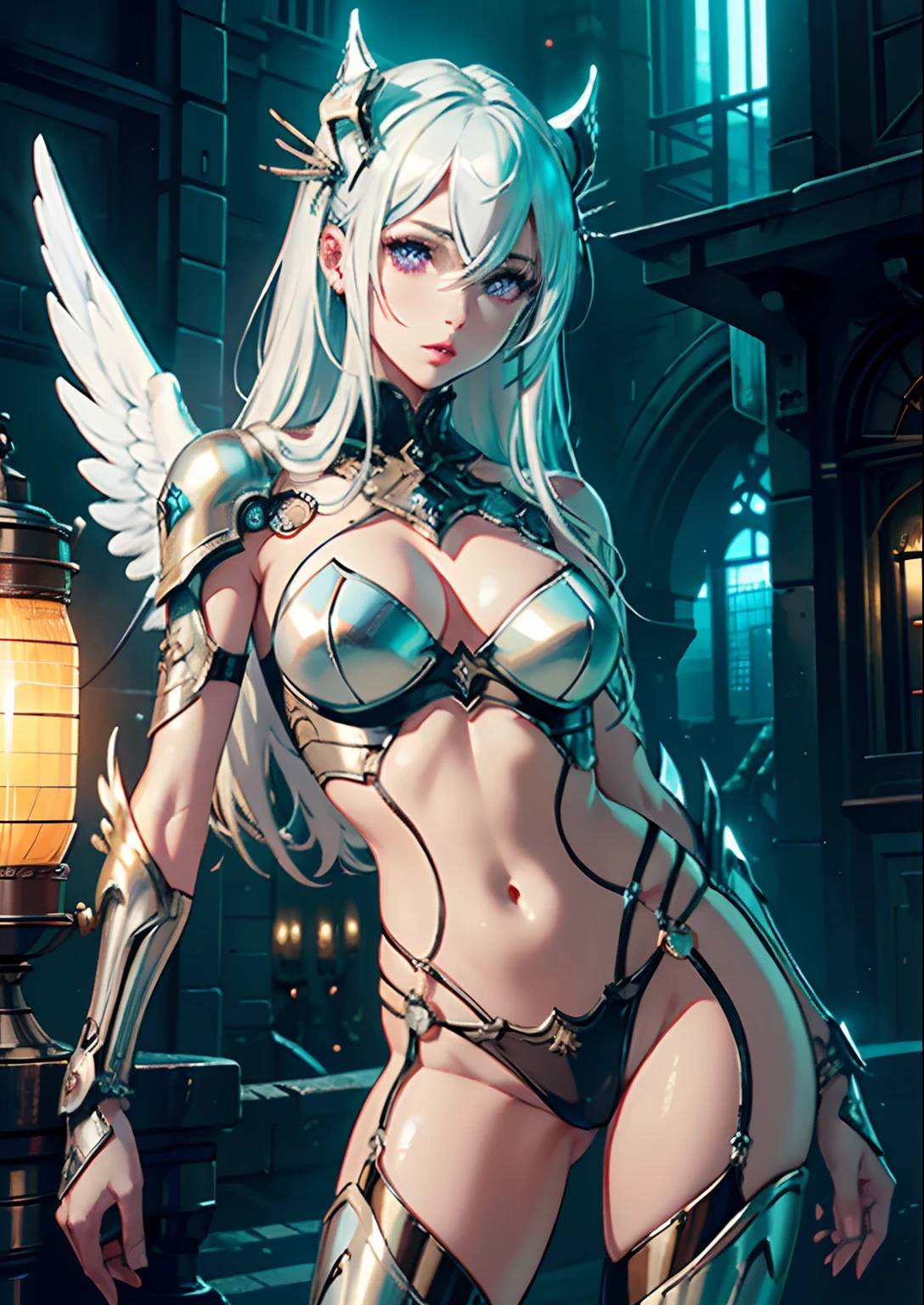 top-quality、masterpiece、超A high resolution、(Photorealsitic:1.4)、Raw photo、Powered Suit Angel、large wings made of metal、White porcelain body、Acrylic Clear Cover、white hair、glowy skin、1 Powered Suit Girl、((super realistic details))、portlate、globalillumination、Shadow、octan render、8K、ultrasharp、character edge light,Colossal tits、Raw skin is exposed in cleavage、Details of complex ornaments、Sumerian details、Hydraulic cylinder、Small LED lamp、highly intricate detail、Realistic light、a purple eye、radiant eyes、Facing the camera、neon details、cowboy shot、Futuristic headgear、The background is a steampunk city、、