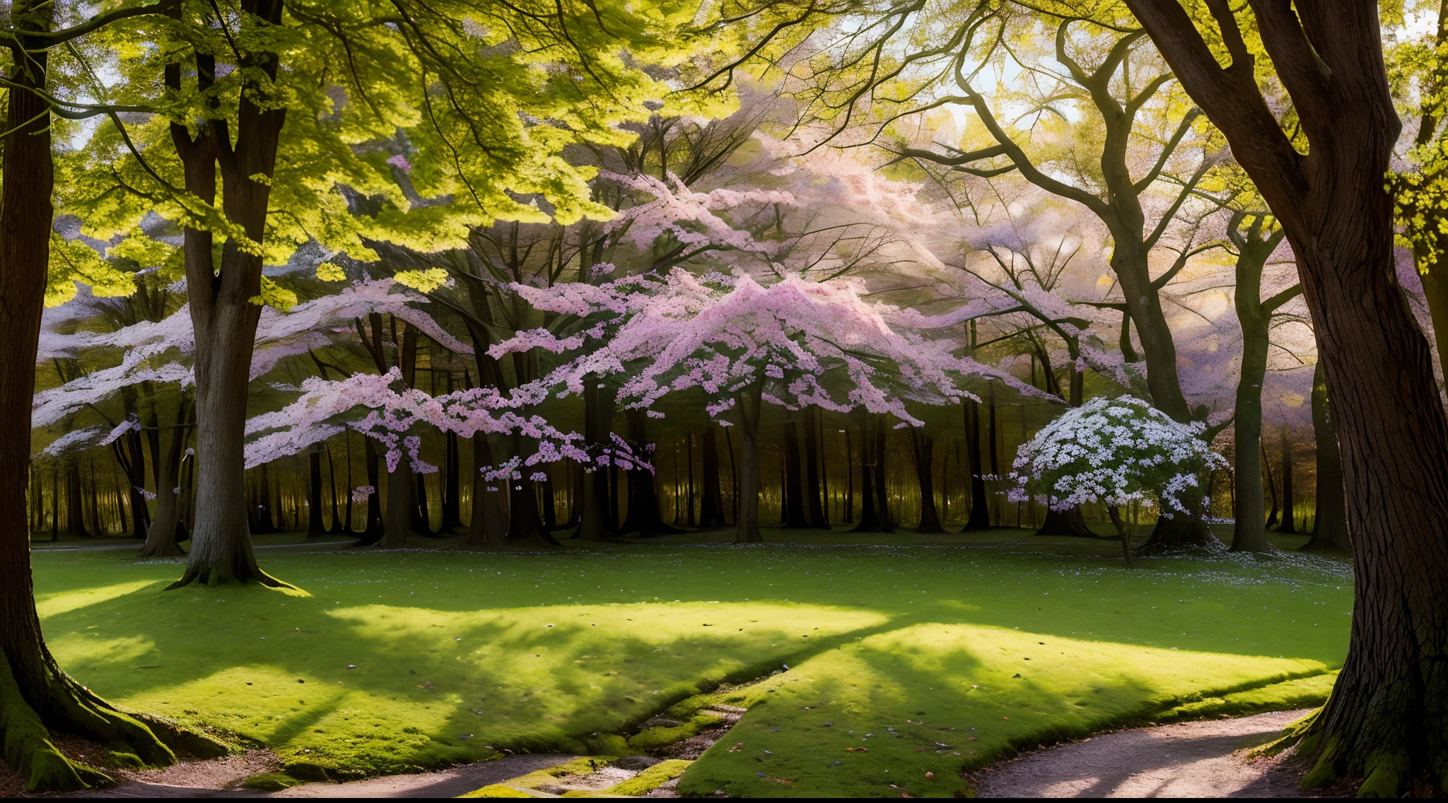 Create a fantastic work of art with intricate details of trees transitioning from winter to spring. Garanta a melhor qualidade e use HDR, UHD and 64K resolution for complex composition. It incorporates vibrant spring colors and textures that evoke a sense of wonder and magic. Artistas: Brian Froud, Alan Lee
