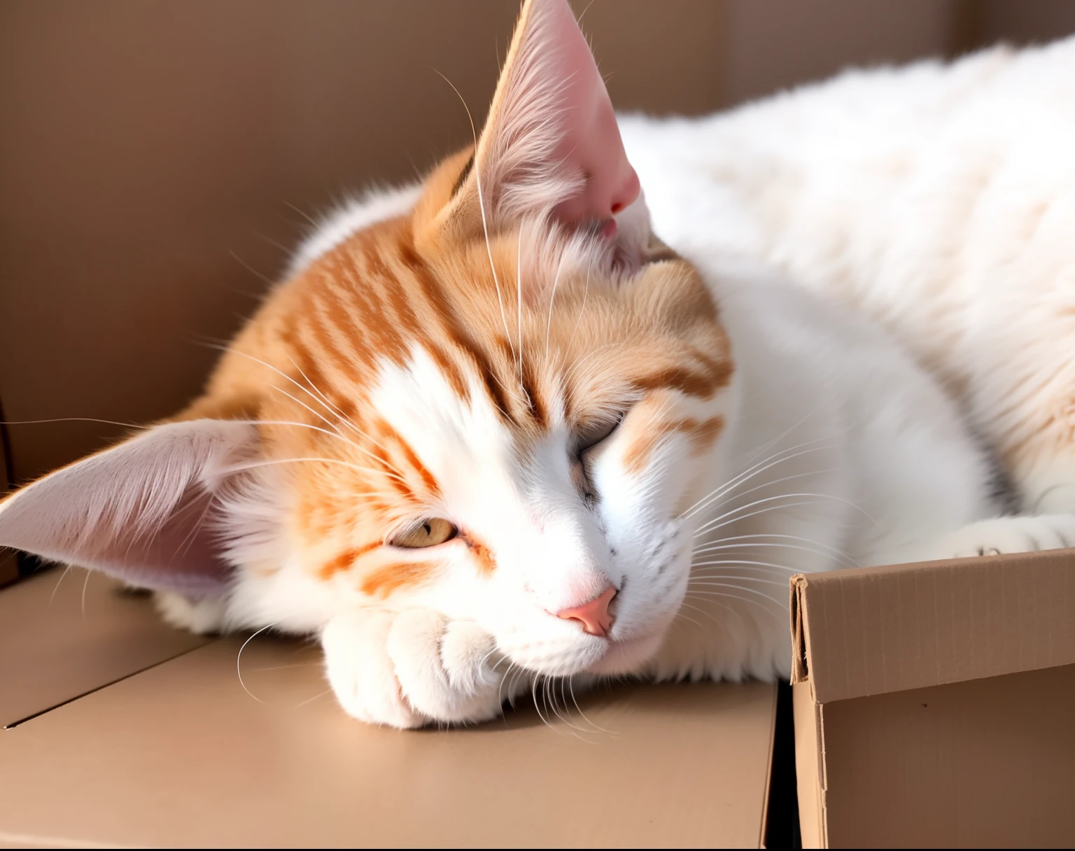 there is a cat that is laying down in a box, cat sleeping, cute furry needs your help, nearly napping, cats sleeping, looking tired, very sleepy and shy, he is very relaxed, photo of a cat, asleep, sleepy eyes, help me, passed out, resting on a tough day, cat, beautiful picture of stray, very handsome