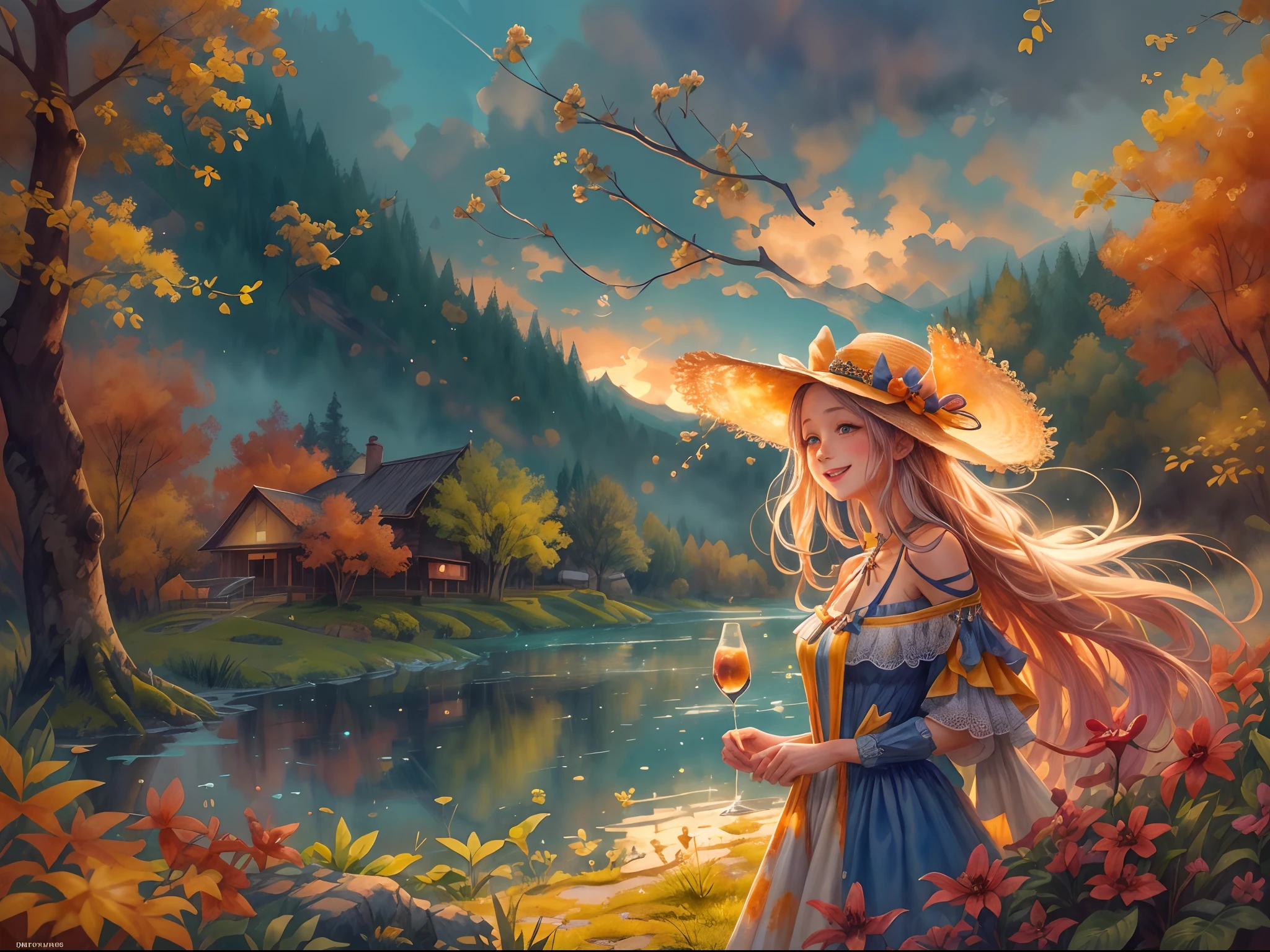 ((tmasterpiece:1.4, best qualtiy))+, (ultra - detailed)+,(watercolor paiting:1.2),Cute 1girl,Straw hat,blossoms,Light cyan hair,Very long hair,Aqua blue eyes,flatchest,Keep your mouth shut,Smiling,(a blue dress:1.3),Shoulders exposed,Bow knot,Side angle,Autumn landscape,The leaves are yellow,maple trees,eventide,riverbank,lake reflection,The sky is full of color,Orange-red sunset,The afterglow diverges,Big Mountain,Far Mountain,contours,Scenic beauty, (Warm light source:1.2), (the woods,Bare branches:1.2)(Very detailed CG unification,8k wallpaper),(The best picture quality),(illustratio:1.0)、intricately details, Epic composition、Realistic lighting、high definition detail、((tmasterpiece))、(Beautiful wildlife and natural wonders,With glowing lights)
