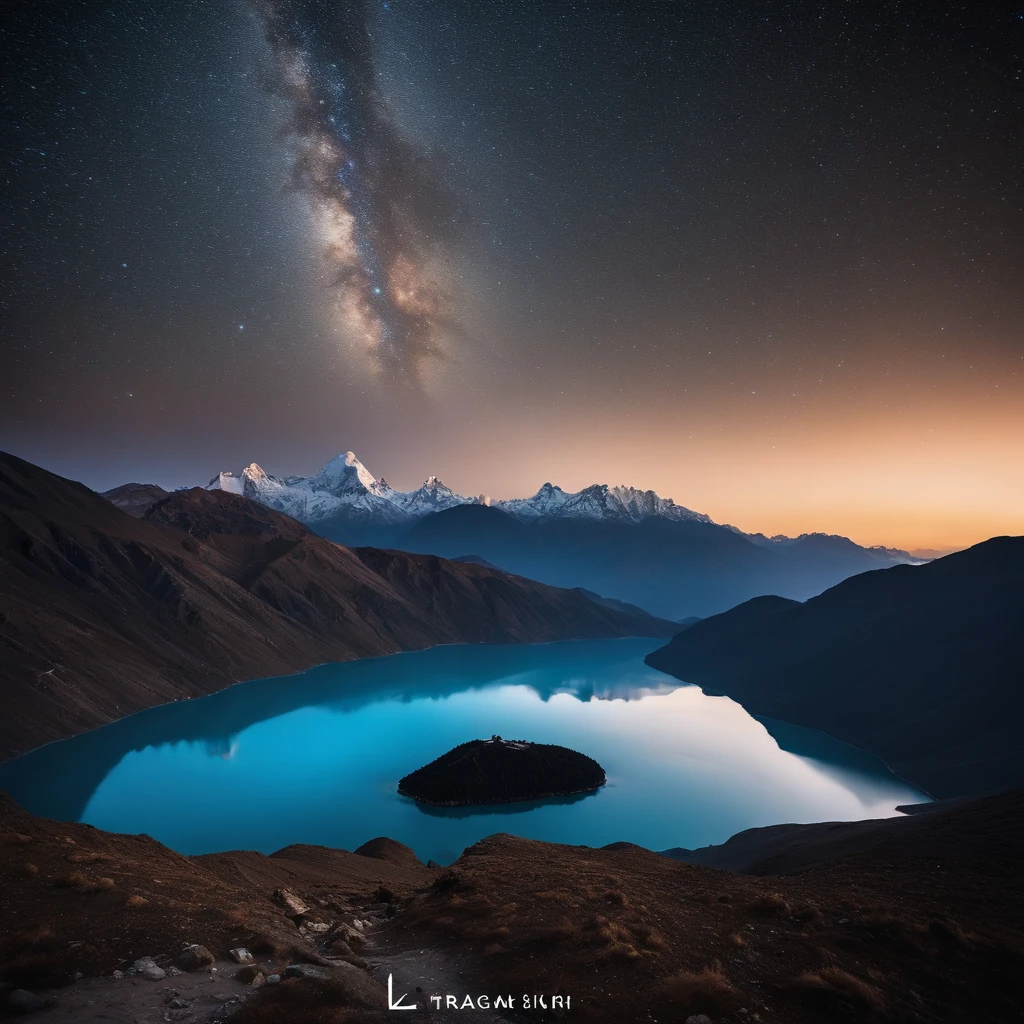 Master Parts、Superior Quality、superior image quality、The 8k quality、Beautiful pictures of the starry sky、magnifica、Arched Milky Way:1.9、Himalayas、Blue glowing lake:1.9