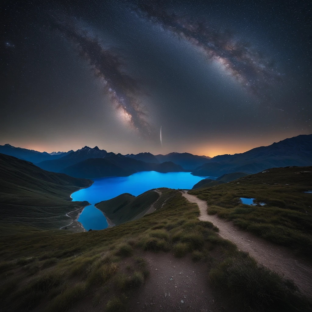 Master Parts、Superior Quality、superior image quality、The 8k quality、Beautiful pictures of the starry sky、magnifica、Arched Milky Way:1.9、Himalayas、Blue glowing lake:1.9
