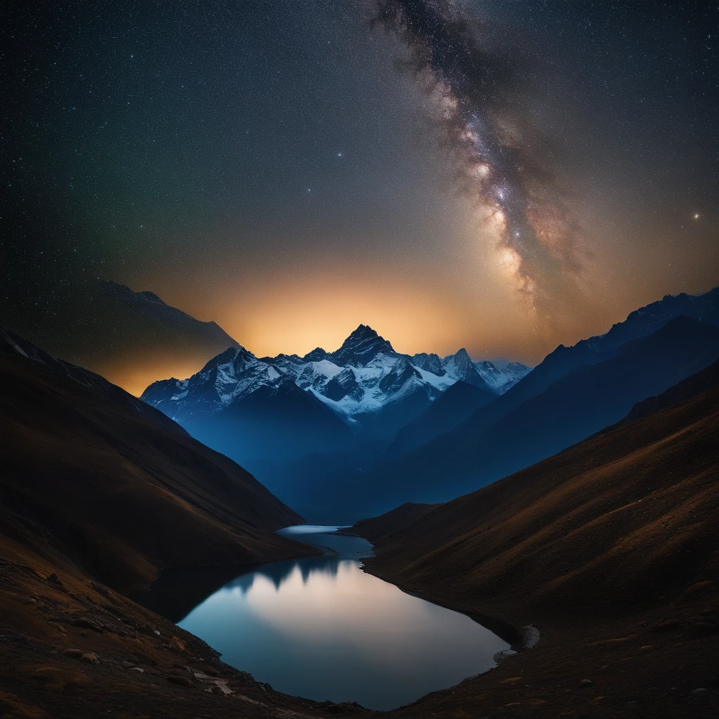 Master Parts、Superior Quality、superior image quality、The 8k quality、Beautiful pictures of the starry sky、magnifica、Arched Milky Way:1.9、Himalayas、Blue glowing lake:1.9