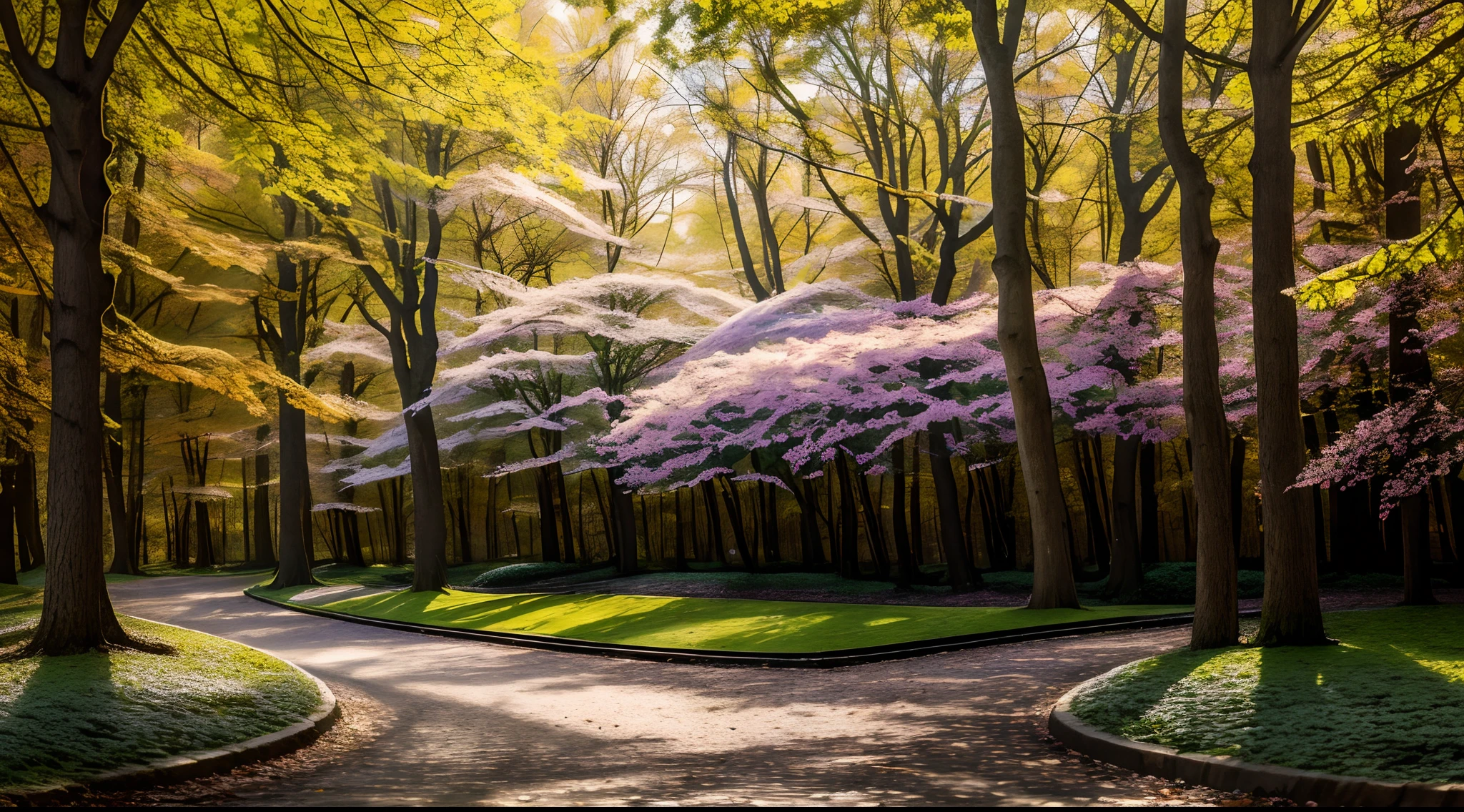 Create a fantastic work of art with intricate details of trees transitioning from winter to spring. Garanta a melhor qualidade e use HDR, UHD and 64K resolution for complex composition. It incorporates vibrant spring colors and textures that evoke a sense of wonder and magic. Artistas: Brian Froud, Alan Lee