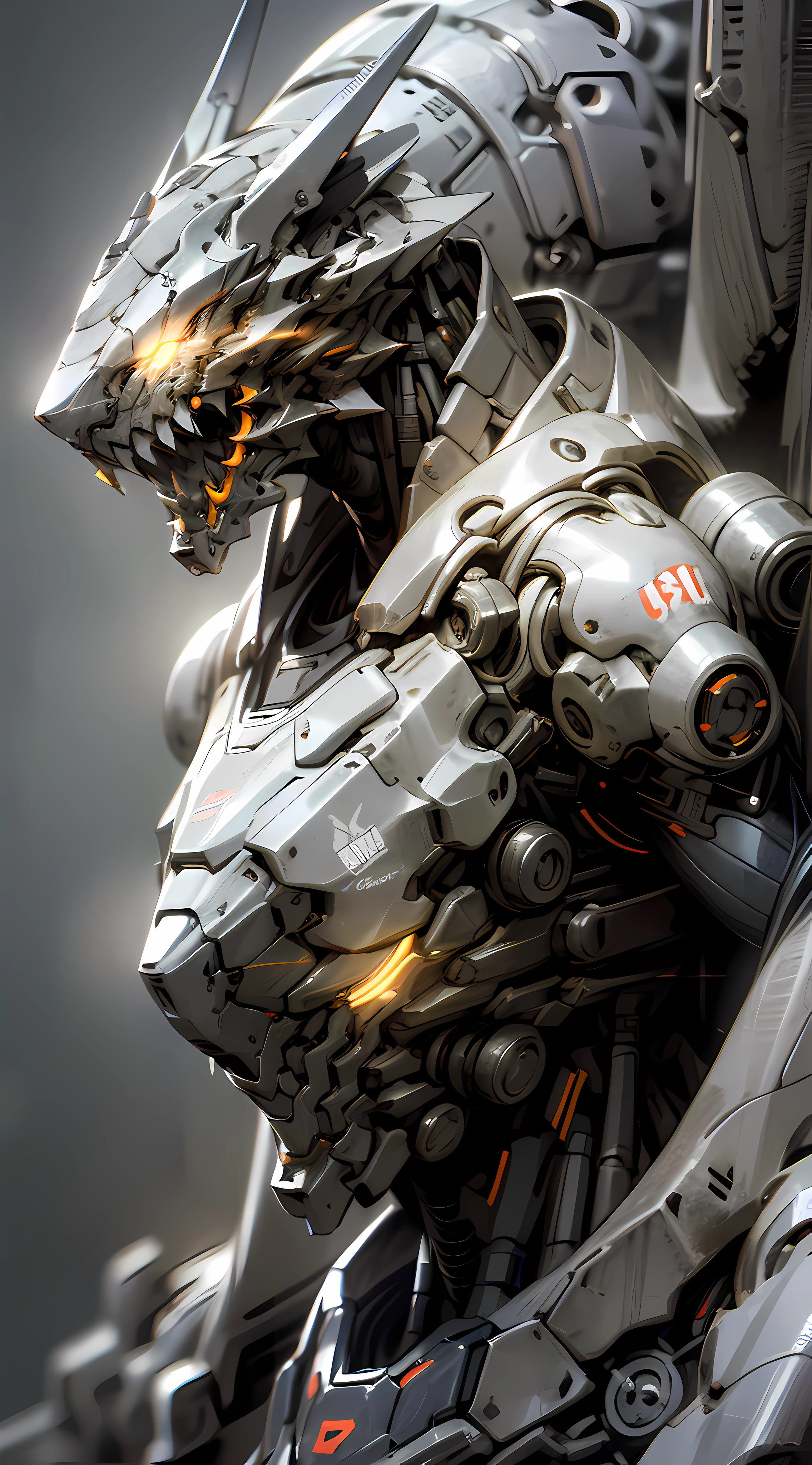 (Best quality,Ultra-detailed,Realistic:1.37),Black and white mech,Dragon helmet,Claw weapons,Heavy armor,Mechanical details,Shiny metal surface,Red glowing eyes,Ominous atmosphere,scifi concept art,High-contrast colors,Sharp shadows,Dramatic lighting