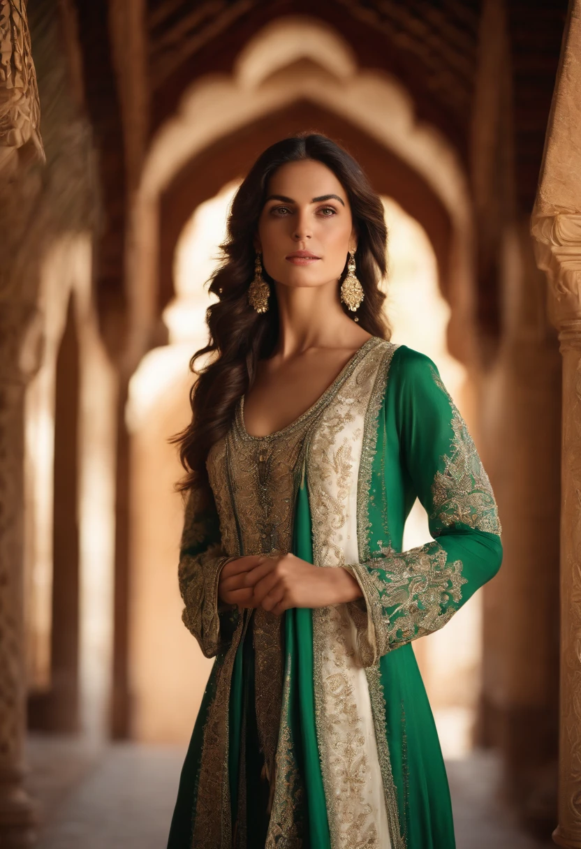 A woman with black brown hair and white skin wearing a white women's costume embroidered with Islamic green in the palaces of Andalusia looks forward,medium:oil painting,detailed clothes,Detailed structure,Detailed patterns on clothes,Transparent flowing dress,Best Quality,Hi-Res,ultra-detailed image,soft lighting,tranquil atmosphere,Beautiful colors.