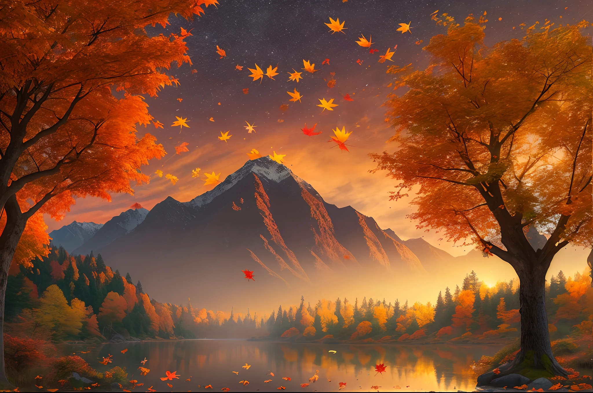 fall season,Maple leaves,maple trees,eventide,riverbank,The sky is full of color,Orange-red sunset,The afterglow diverges,Big Mountain,Far Mountain,contours,Wild geese fly in the sky,Scenic beauty, (Warm light source:1.2), (Maple leaves fall:1.2)(非常详细的 CG 统一 8k 壁纸),(The best quality),(illustratio:1.0)、intricately details, Epic composition、Realistic lighting、high definition detail、tmasterpiece、The best quality,Beautiful wild and natural fantasy landscape,With glowing lights