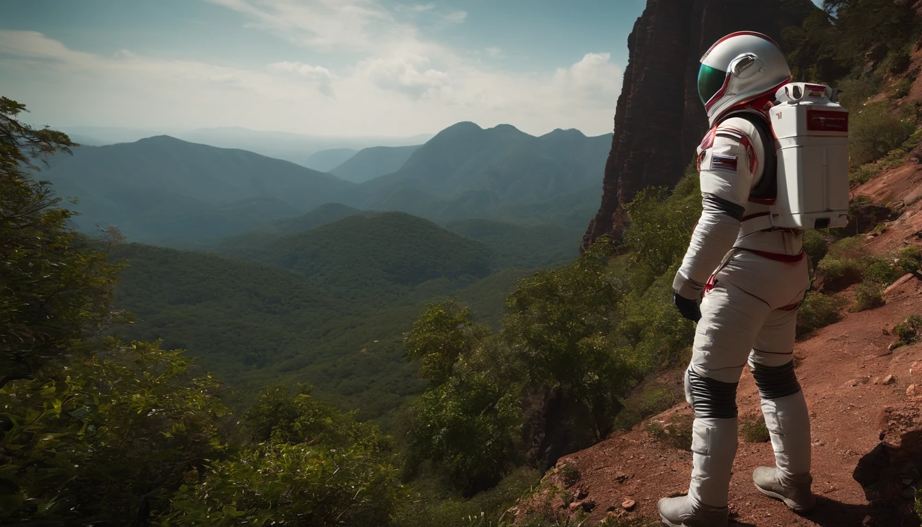 (35mmstyle:1.2), Highly detailed RAW color Photo, rear angle, full bodyesbian, af (Female space marine, Wearing a white and red spacesuit, futuristic helmet, Tin plated mask, Rebreathers, accentuated booty), Outdoors, (Stand on the cliffs of the tall Rocky Mountains, Gaze out over the magical lush green rainforest on an alien planet), vivd details, (Exotic alien planet), Toned body, big assa, (Sci-fi), (Mountains:1.1), (lush green vegetation), (two moons in sky:0.8), (Highly detailed, ultra - detailed, Intricate), (Lens flare:0.7), (full bloom:0.7), particle fx, Ray traching, Cinematic lighting, Shallow depth of field, photographed on a Sony a9 II, 35mm wide angle lens, Sharp focus, 《Gravity 2013》cinematic Film still from, Watching from behind, Dynamic Angle