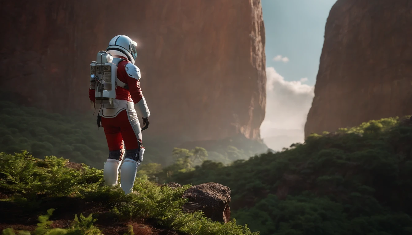 (35mmstyle:1.2), Highly detailed RAW color Photo, Rear Angle, Full Body, of (female space marine, wearing white and red space suit, futuristic helmet, tined face shield, rebreather, accentuated booty), outdoors, (standing on Precipice of tall rocky mountain, looking out at magical lush green rain forest on alien planet), vivid detail, (exotic alien planet), toned body, big butt, (sci-fi), (mountains:1.1), (lush green vegetation), (two moons in sky:0.8), (highly detailed, hyperdetailed, intricate), (lens flare:0.7), (bloom:0.7), particle effects, raytracing, cinematic lighting, shallow depth of field, photographed on a Sony a9 II, 35mm wide angle lens, sharp focus, cinematic film still from Gravity 2013, viewed from behind, dynamic angle