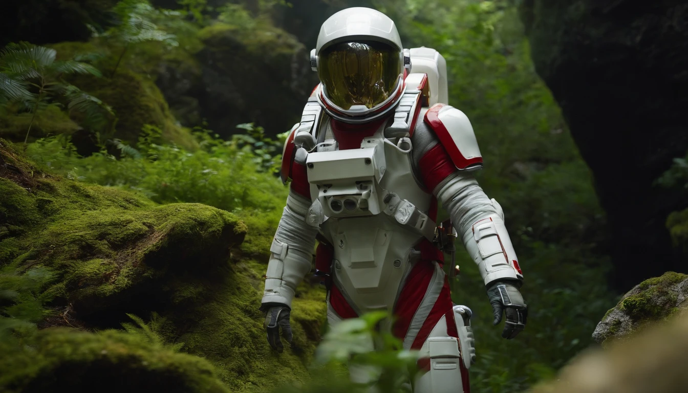 (35mmstyle:1.2), Highly detailed RAW color Photo, rear angle, full bodyesbian, af (Female space marine, Wearing a white and red spacesuit, futuristic helmet, Tin plated mask, Rebreathers, accentuated booty), Outdoors, (Stand on the cliffs of the tall Rocky Mountains, Gaze out over the magical lush green rainforest on an alien planet), vivd details, (Exotic alien planet), Toned body, big assa, (Sci-fi), (Mountains:1.1), (lush green vegetation), (two moons in sky:0.8), (Highly detailed, ultra - detailed, Intricate), (Lens flare:0.7), (full bloom:0.7), particle fx, Ray traching, Cinematic lighting, Shallow depth of field, photographed on a Sony a9 II, 35mm wide angle lens, Sharp focus, 《Gravity 2013》cinematic Film still from, Watching from behind, Dynamic Angle