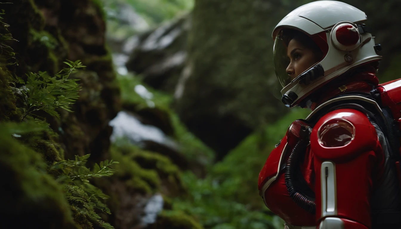 (35mmstyle:1.2), Highly detailed RAW color Photo, rear angle, full bodyesbian, af (Female space marine, Wearing a white and red spacesuit, futuristic helmet, Tin plated mask, Rebreathers, accentuated booty), Outdoors, (Stand on the cliffs of the tall Rocky Mountains, Gaze out over the magical lush green rainforest on an alien planet), vivd details, (Exotic alien planet), Toned body, big assa, (Sci-fi), (Mountains:1.1), (lush green vegetation), (two moons in sky:0.8), (Highly detailed, ultra - detailed, Intricate), (Lens flare:0.7), (full bloom:0.7), particle fx, Ray traching, Cinematic lighting, Shallow depth of field, photographed on a Sony a9 II, 35mm wide angle lens, Sharp focus, 《Gravity 2013》cinematic Film still from, Watching from behind, Dynamic Angle