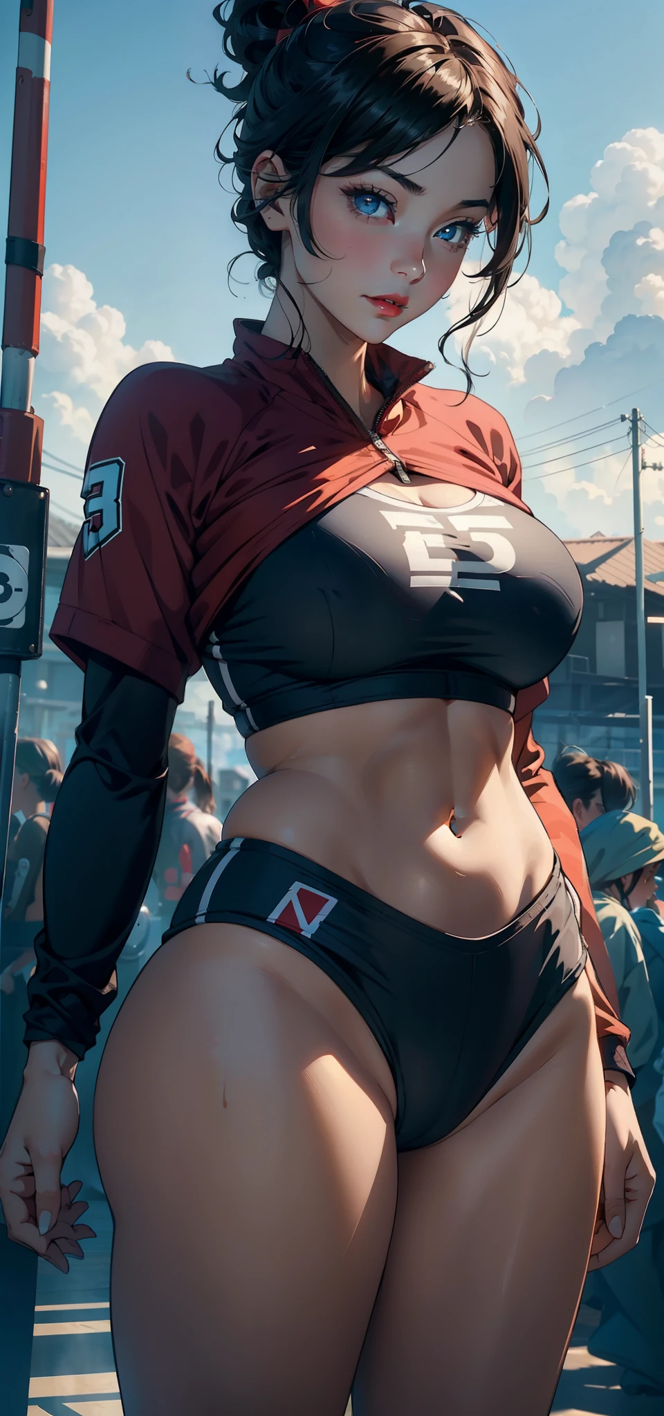 1female,35yo,A MILF,plumw,extremely large bosom, 独奏,(Background with:volleyball field), She has very short black hair,bobo head,Station,,seen from the front, hair straight, mostly cloudy sky,(((tmasterpiece),(Very detailed CG unity 8K wallpaper),best qualtiy,cinmatic lighting,detailed back ground,beatiful detailed eyes,Bright pupils,Blue eyes,(Very fine and beautiful),(Beautiful and detailed eye description),ultra - detailed,tmasterpiece,))Redlip,facing at camera,A high resolution,ultra - detailed),Camel toes,Desire for dissatisfaction,frontage,Volleyball player,(Wearing:Bikini tracksuit,Bare genitalia,Bare breasts,Bare)Captain America uniform