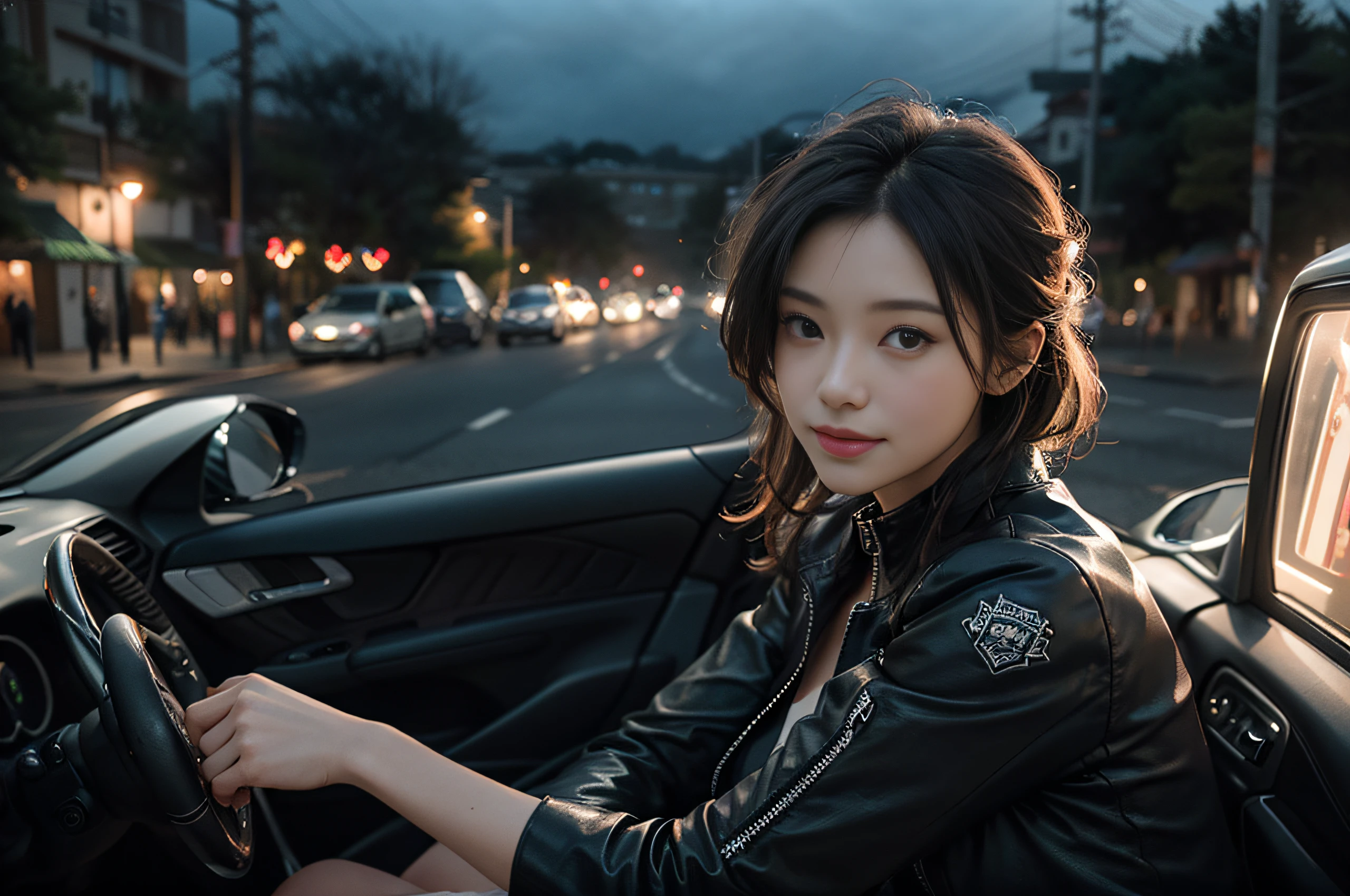 Top image quality、超A high resolution、masutepiece、Photoquality(photographrealistic:1.8)、pores、accuracy、Japan women、、Girl Smile、A dark-haired、Cute dimples、Non-makeup、Medium Hair、Fixing hair with hairpins、Bobby Ping、Slender body、ample breasts 、nighttime scene、Black Leather Rider Suit、Fully open the front zipper....、Driving a Harley-Davidson、Running in the wilderness、