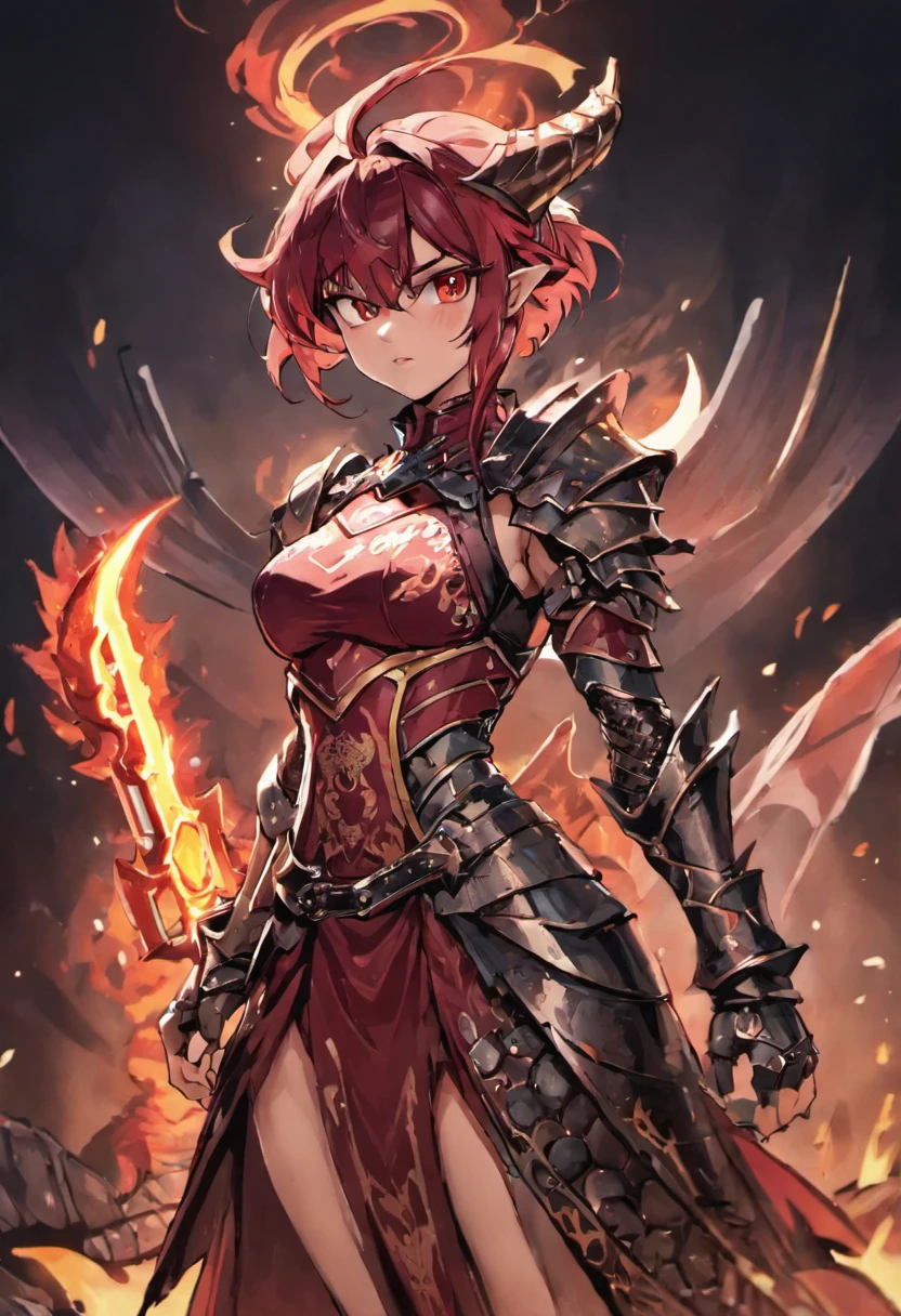 a dragon dress iron armor, potrait, battlefield, sword