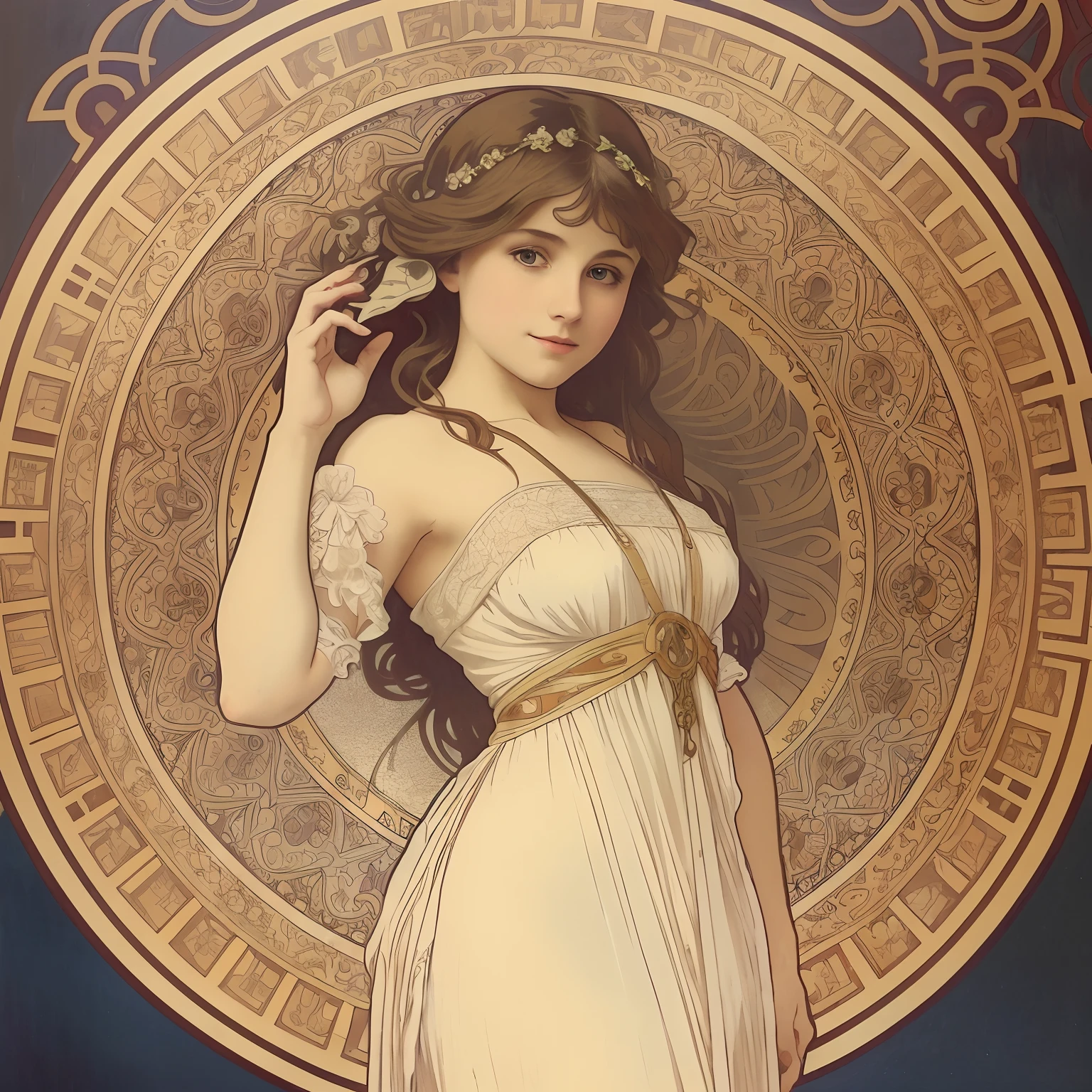 1girl in,Beige dress, Upper body, (The art of Alphonse Mucha), ((Best Quality, tmasterpiece)), Extreme detailing, 8K, ((No signature))