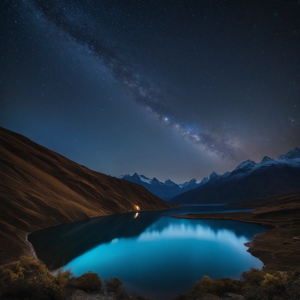 Master Parts、Superior Quality、superior image quality、The 8k quality、Beautiful pictures of the starry sky、magnifica、Arched Milky Way:1.9、Himalayas、Blue glowing lake:1.9