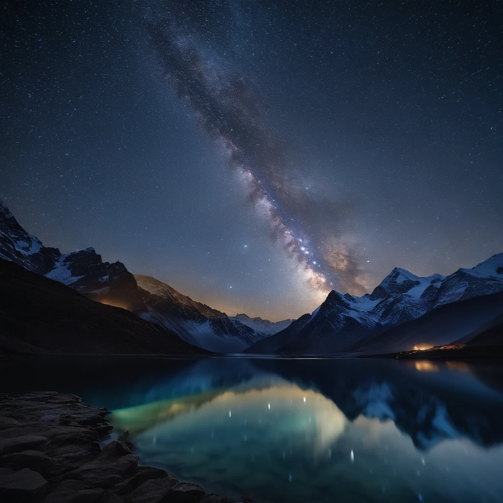 Master Parts、Superior Quality、superior image quality、The 8k quality、Beautiful pictures of the starry sky、magnifica、Arched Milky Way:1.9、Himalayas、Blue glowing lake:1.9