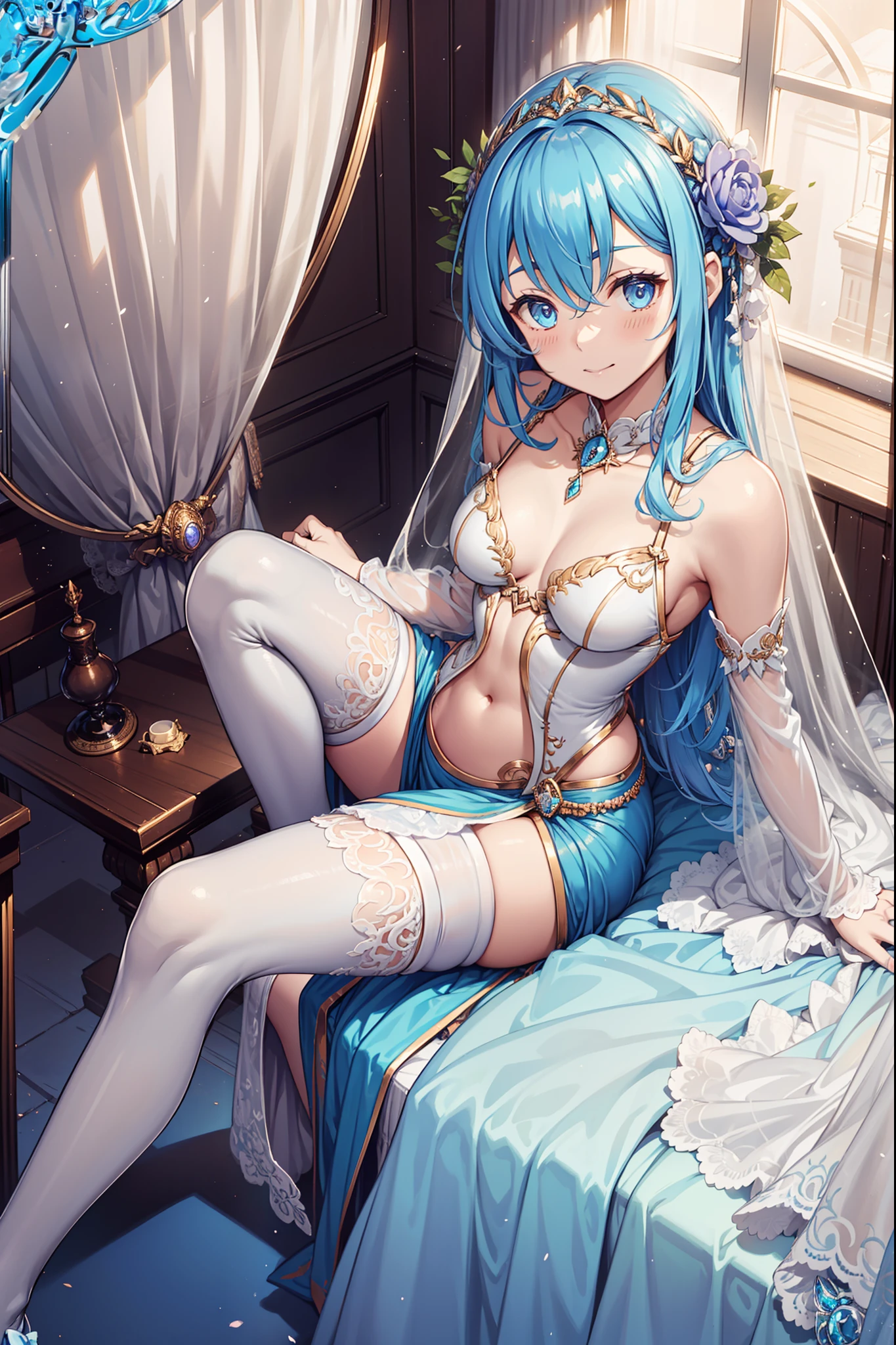 teens girl,Enchanted,having fun,Being in love,divino,Light white wedding dress,Lilac cloth,see-through transparent clothes,exquisite costumes,A small amount of lace,Bedrooms,solo person,(blond hairbl),pale blue color eyes,the night,lacepantyhose