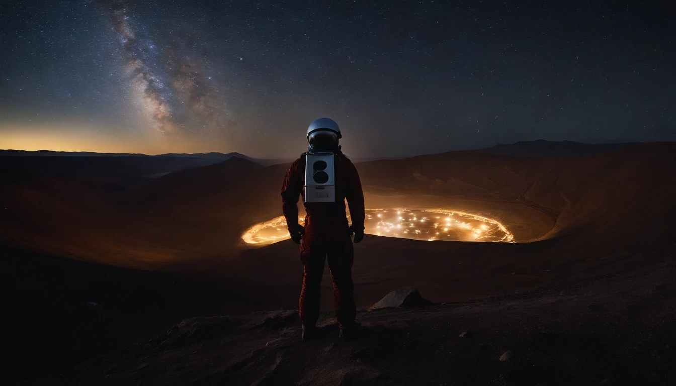 A person stands in the Ulanqab Volcano Geopark,Wear a combined outfit of astronauts and protective clothing,Master parts、Superior quality、Superior image quality、8K quality、Beautiful picture of the starry sky、magnifica、arching milkyway