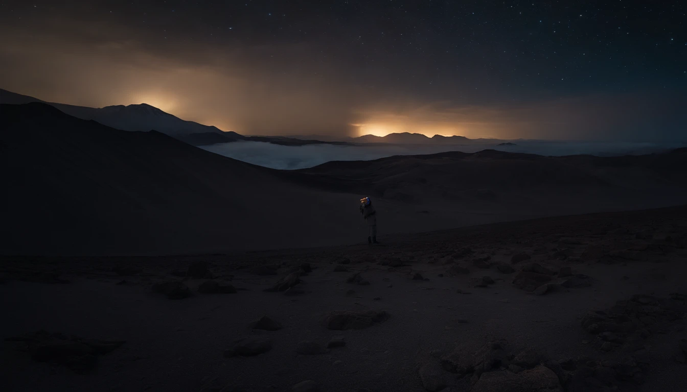 A person stands in the Ulanqab Volcano Geopark,Wear a combined outfit of astronauts and protective clothing,Master parts、Superior quality、Superior image quality、8K quality、Beautiful picture of the starry sky、magnifica、arching milkyway