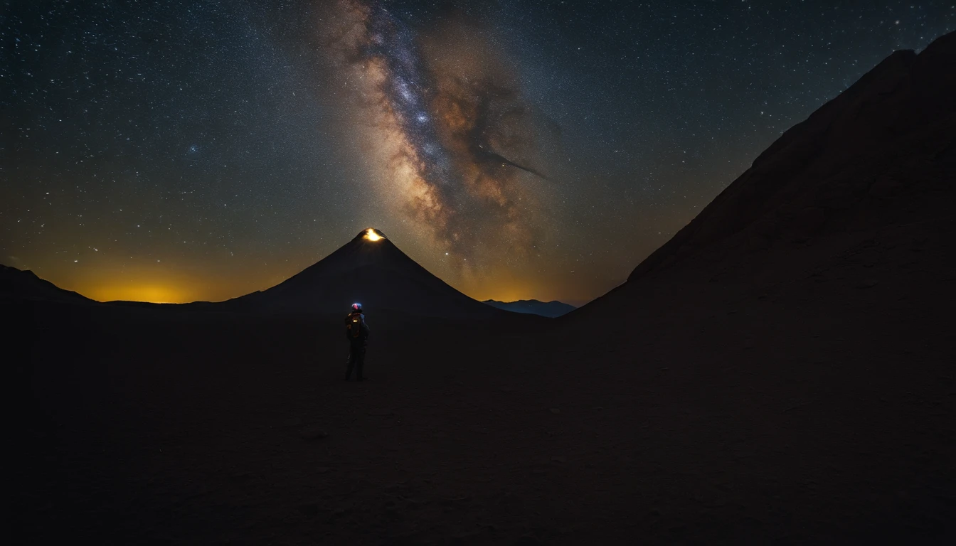 A person stands in the Ulanqab Volcano Geopark，Wear a combined outfit of astronauts and protective clothing，Master parts、Superior quality、Superior image quality、8K quality、Beautiful picture of the starry sky、magnifica、arching milkyway