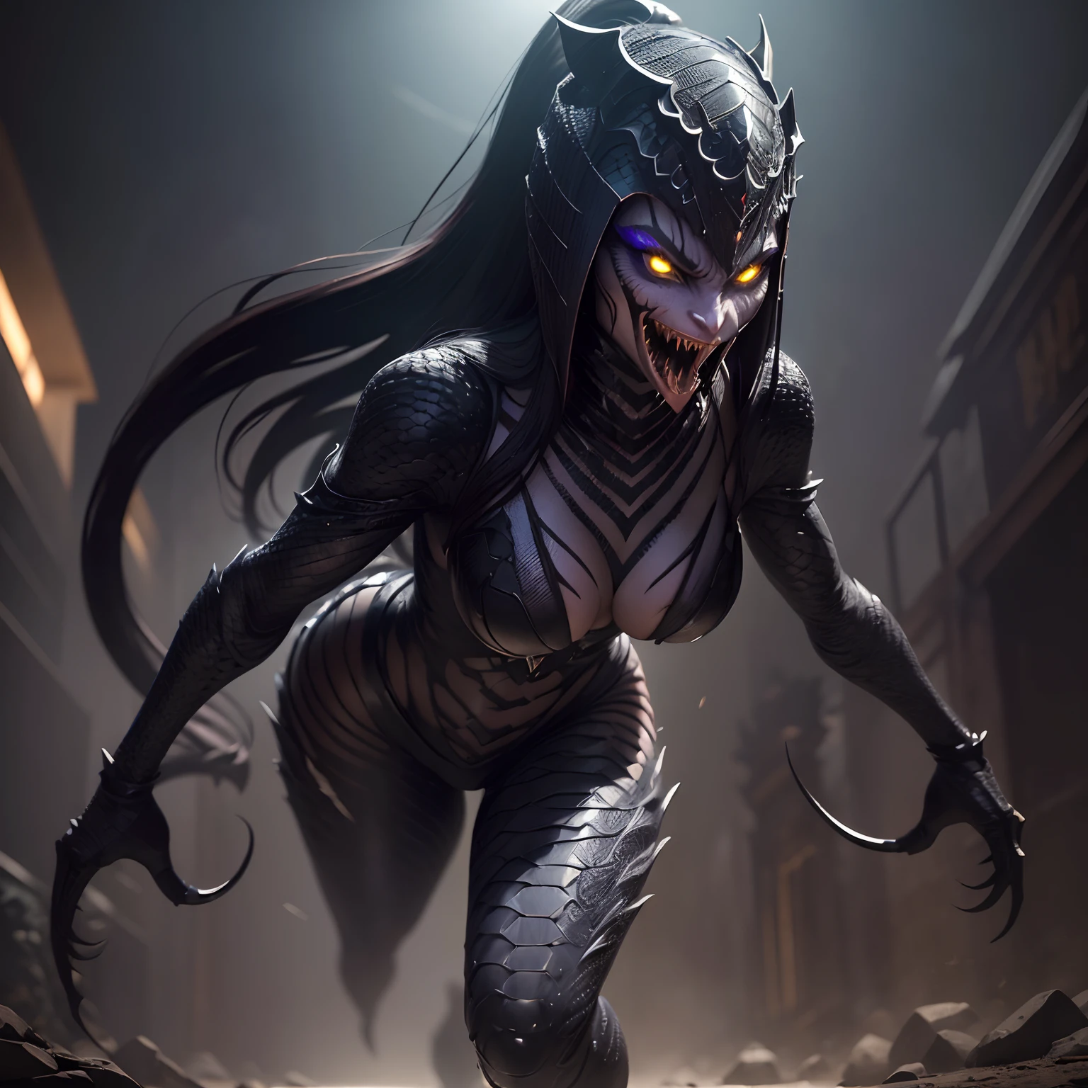 (Best Quality,Ultra-detailed,Realistic:1.37),Menacing King Cobra Woman,Sharp fangs,ominous lighting,Whole body cobra scales,Alien Symbiote Set,Full body