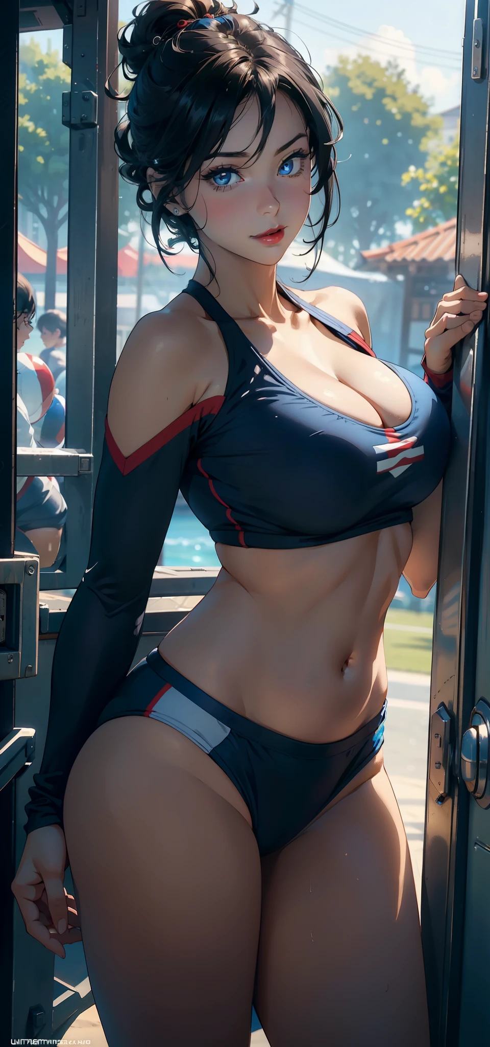 1female，35yo，A MILF，plumw，extremely large bosom， 独奏，（Background with：volleyball field）， She has very short black hair，bobo head，Station，，seen from the front， hair straight， mostly cloudy sky，（（（tmasterpiece），（Very detailed CG unity 8K wallpaper），best qualtiy，cinmatic lighting，detailed back ground，beatiful detailed eyes，Bright pupils，Blue eyes，（Very fine and beautiful），（Beautiful and detailed eye description），ultra - detailed，tmasterpiece，））Redlip，facing at camera，A high resolution，ultra - detailed），Camel toes，Desire for dissatisfaction，frontage，Volleyball player，（Wearing：Bikini tracksuit，Bare genitalia，Bare breasts，Bare，Blue and white color scheme）Captain America uniform