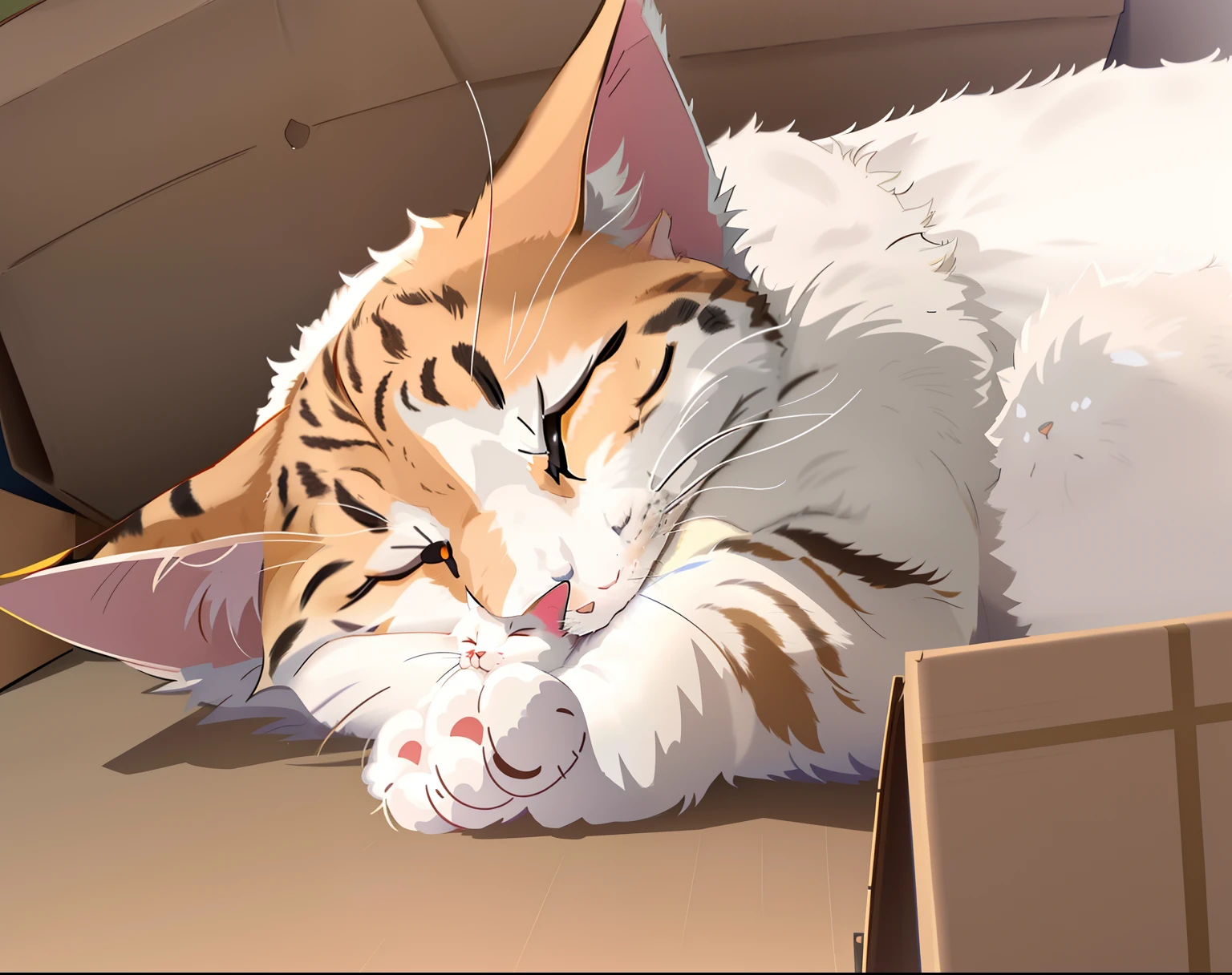 there is a cat that is laying down in a box, cat sleeping, cute furry needs your help, nearly napping, cats sleeping, looking tired, very sleepy and shy, he is very relaxed, photo of a cat, asleep, sleepy eyes, help me, passed out, resting on a tough day, cat, beautiful picture of stray, very handsome