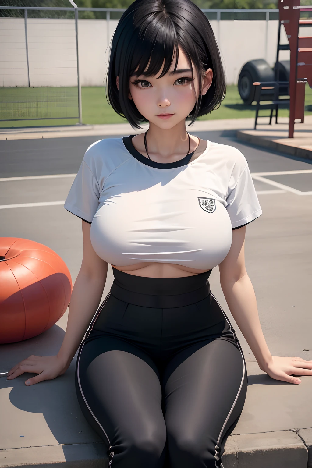 chineseidol，teens girl，White T-shirt，tighten，Black pants，long trousers，trouser，chest，Big chest，Strangulation，Pants wrapped around the top，On the school playground，Black hair，Real Human，short detailed hair，tying  hair，Real Human，cheerful big breasts，Whole body diagram，sport outfit，Bigboobs，Fireworks like hair，Sit and rest，Split legs