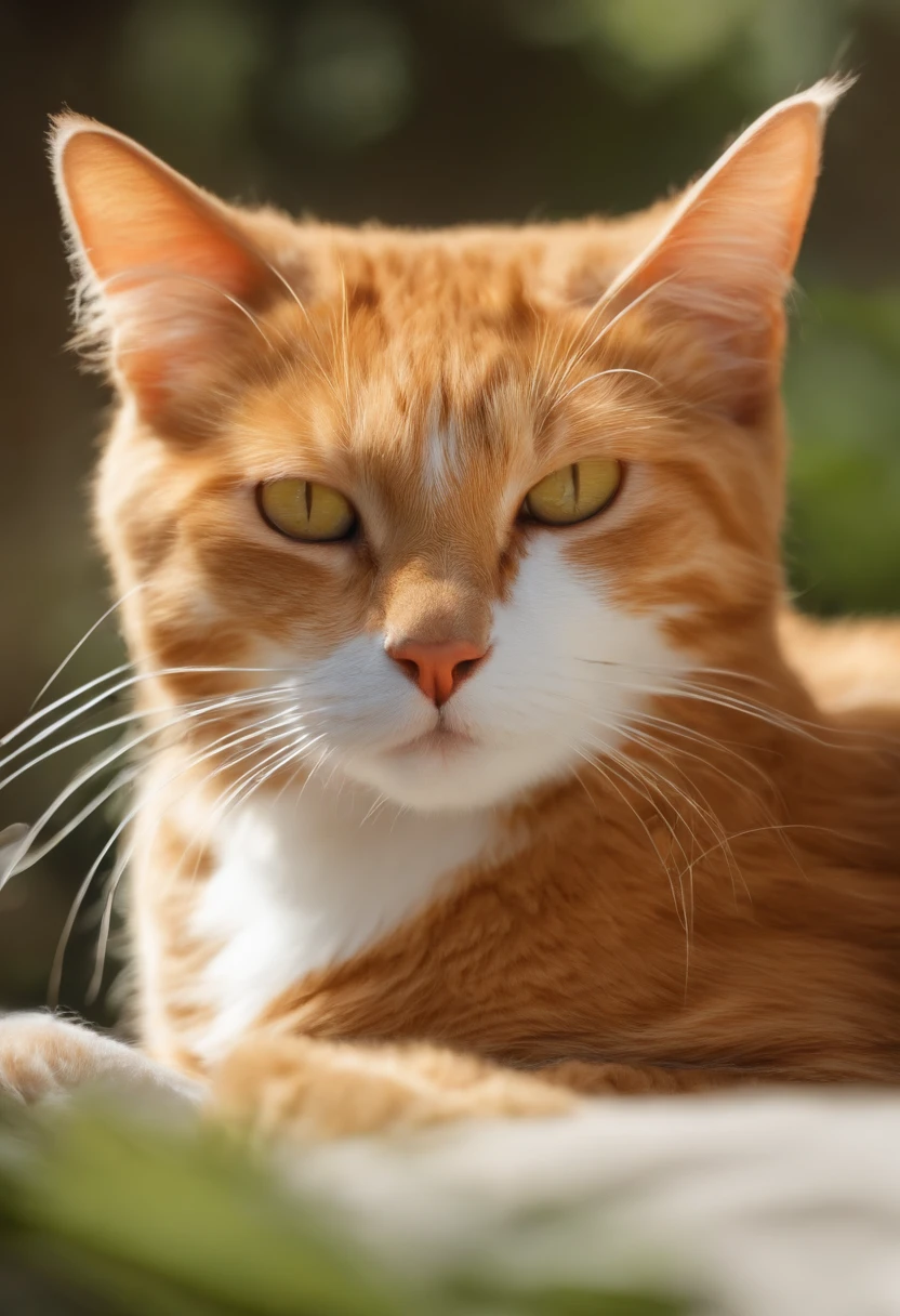 Garden Sleeping cat,Under the sun,Warm orange hair,Detailed sketch style,The close-up focuses on the cat's eye,The eyes are painted with jewel-like material,Add cat purr,It was a warm and peaceful sight..