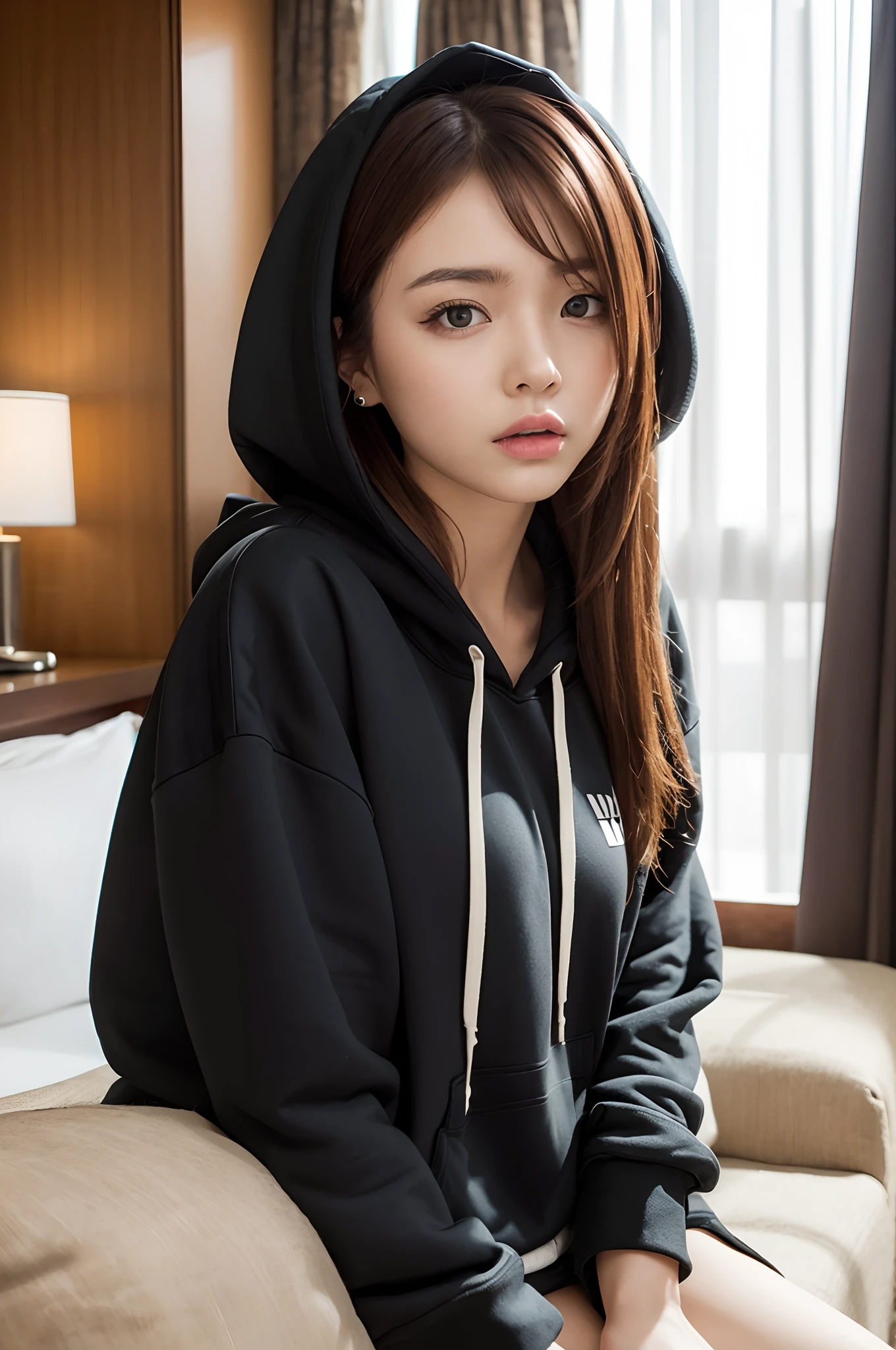 masutepiece、top-quality、8K、Young and cute fair-skinned Japan woman、(((((Crying face、With a very angry face with wrinkles between his eyebrows、With a grimace)))))、((((Sports Instructor、wearing a zip-up sweat hoodie、Wearing Yoga Pants、Wearing a hood)))、((((Open your mouth wide to the maximum、stick out your tongue a little))))、((bob cuts))、Looking at the camera、Transcendent beauty、Moles under the eyes、((Thin woman、Delicate woman))、((Indoors with natural light、Professional Writing、on the brown sofa bed、Lying on your back))、Luminous skin、big s、(brea large)、(I love guys)、float、I'm 、Sense of truth、(R-18)、Mature、((tromically correct))、Detailed skin、no-makeup、simple background、covered pusy、