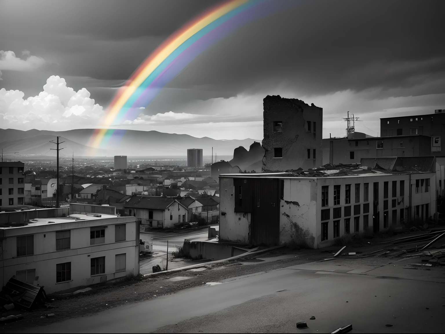 rainbow, monotone, landscape, ruined city