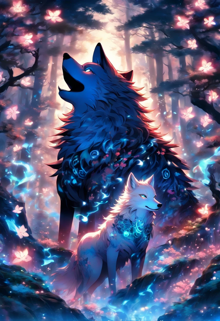 The most beautiful and enchanted wolf spirit, white hair, glowing blue eyes, tons of tattoos and piercings, in the most beautiful enchanted forest, graffiti and kanji elements in the background, cherry blossoms blowing in the wind, highly detailed, perfect masterpiece, high quality, high resolution