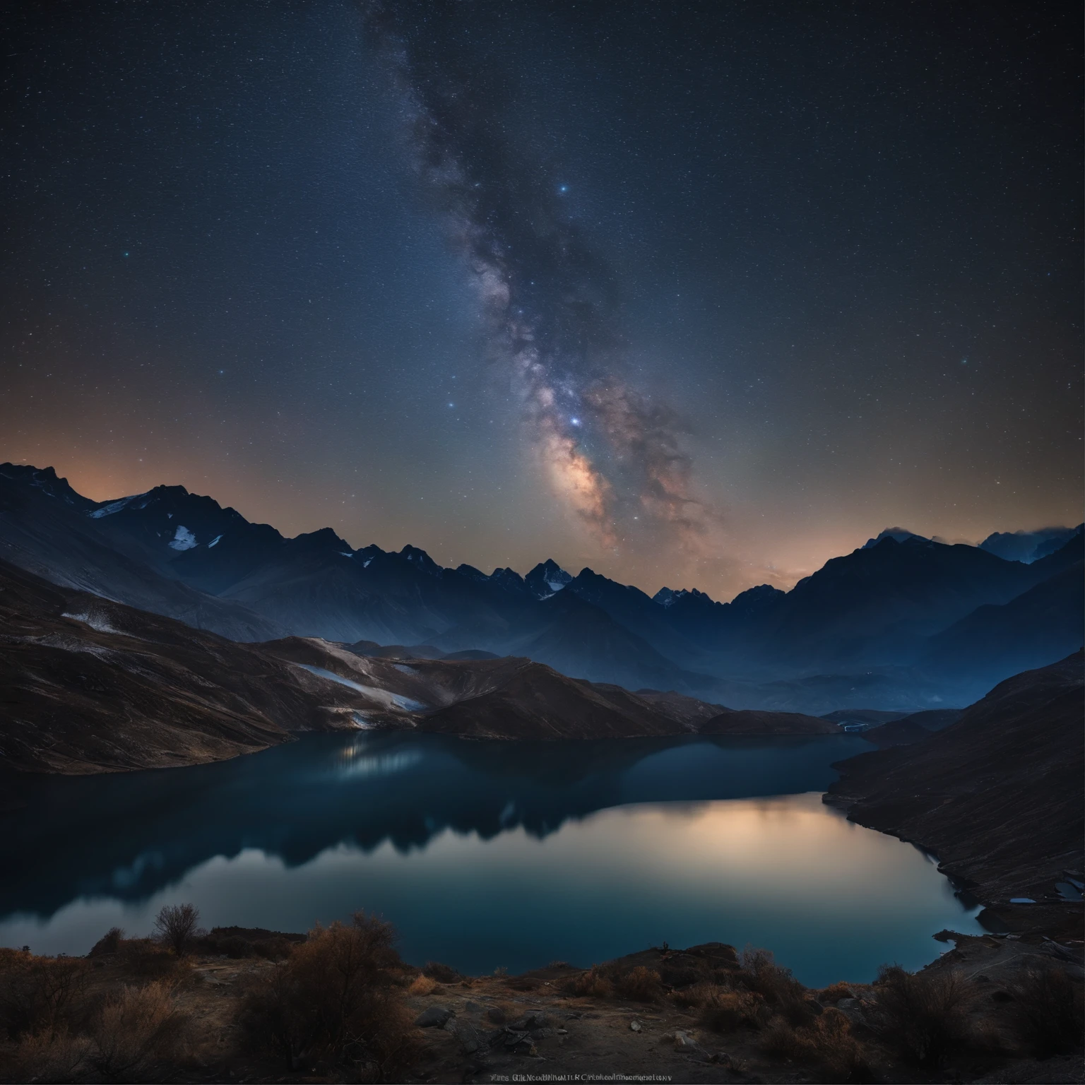 Master Parts、Superior Quality、superior image quality、The 8k quality、Beautiful pictures of the starry sky、magnifica、Arched Milky Way:1.9、Himalayas、Blue glowing lake:1.9