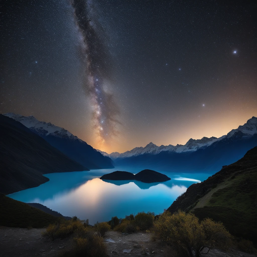 Master Parts、Superior Quality、superior image quality、The 8k quality、Beautiful pictures of the starry sky、magnifica、Arched Milky Way:1.9、Himalayas、Blue glowing lake:1.9