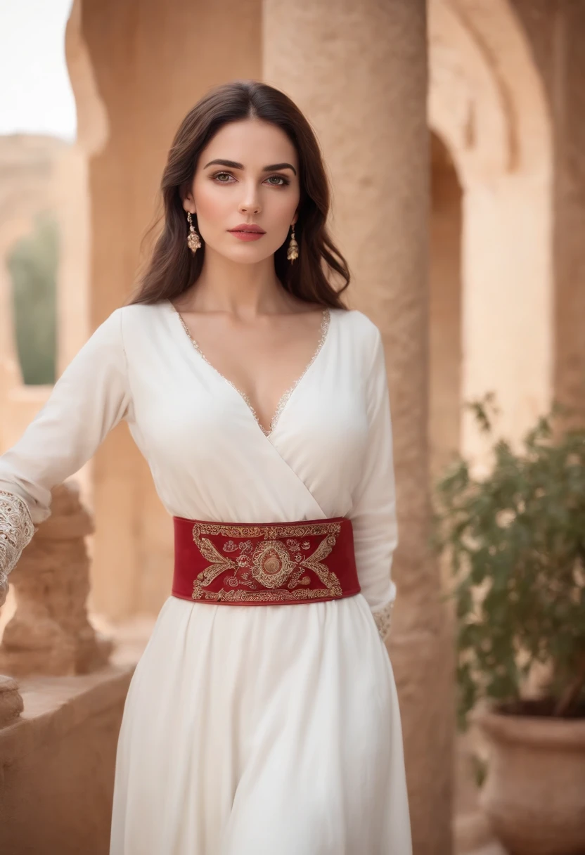 A woman with black brown hair and a sharp, white skin, Wearing a white women's outfit with a red Islamic belt, Amazigh jewelry and jewelry in the palaces of Andalusia looking forward,medium:oil painting,detailed clothes,Detailed structure,Detailed patterns on clothes,Flowing sheer dress,Best Quality,Hi-Res,ultra-detailed image,soft lighting,tranquil atmosphere,Beautiful colors.